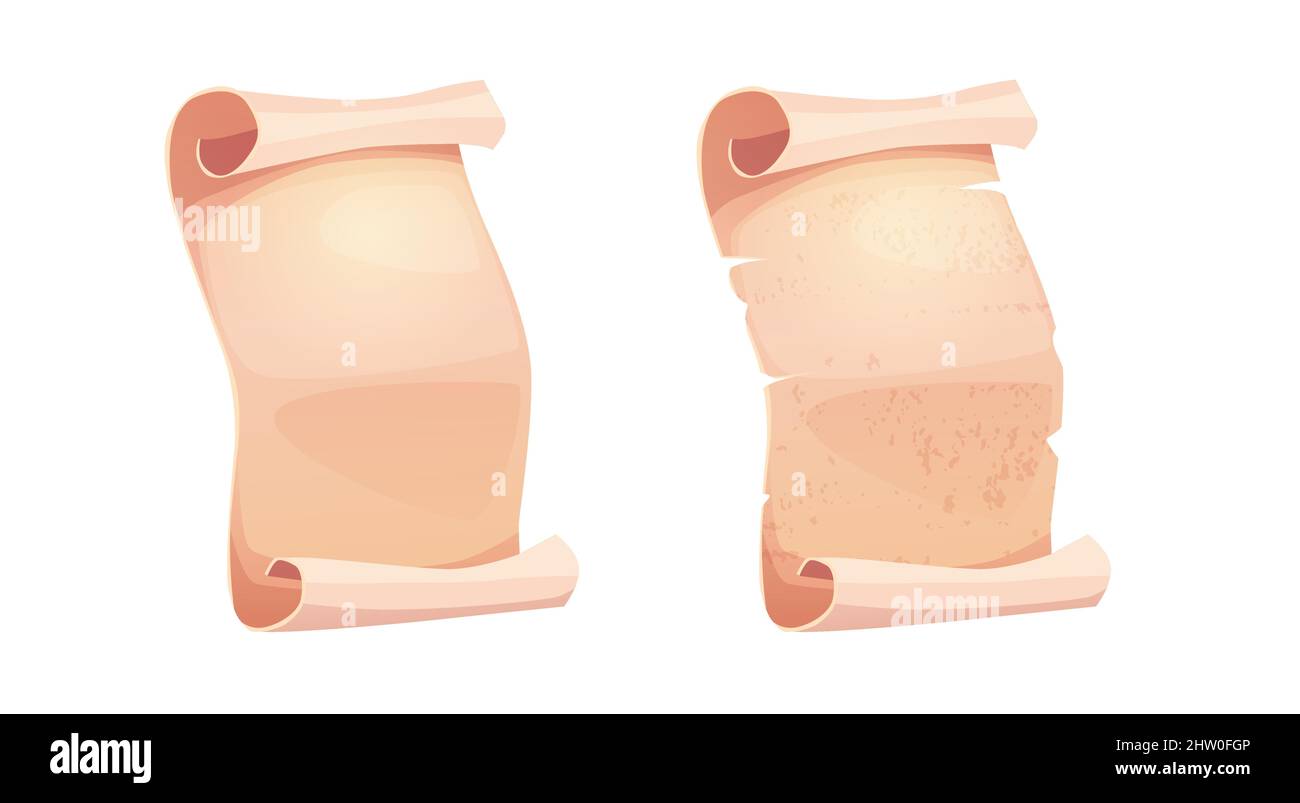 Pergamena antica, carta, papiro a spirale, vecchia mappa con texture vintage. Illustrazione vettoriale cartoon per il gioco 2D. Illustrazione Vettoriale