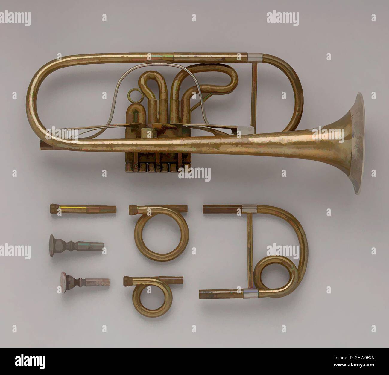 Arte ispirata a Valve Trumpet, ca. 1845, Boston, Massachusetts, gli Stati Uniti, Brass, Nichel-argento, altezza: 15 1/2" (39,4 cm), Aerophone-labbro vibrato-tromba / trombone, Elbridge G. Wright (Ashby, Massachusetts 1811–1871 Boston, Massachusetts), questa tromba può essere impostata in C, B-, opere classiche modernizzate da Artotop con un tuffo di modernità. Forme, colore e valore, impatto visivo accattivante sulle emozioni artistiche attraverso la libertà delle opere d'arte in modo contemporaneo. Un messaggio senza tempo che persegue una nuova direzione selvaggiamente creativa. Artisti che si rivolgono al supporto digitale e creano l'NFT Artotop Foto Stock