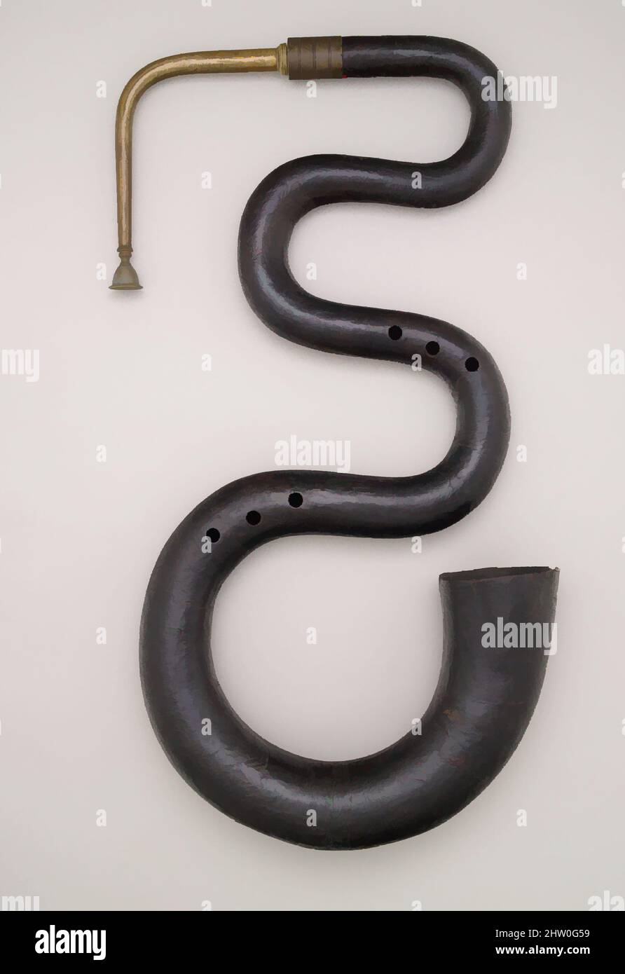 Arte ispirata a Serpent, ca. 1810, Francia, Francese, legno, rivestimento in pelle, Altezza (senza bocal): 32 7/8 poll. (83,5 cm), Aerophone-labbro Vibrated-Horn, Unknown, France, opere classiche modernizzate da Artotop con un tuffo di modernità. Forme, colore e valore, impatto visivo accattivante sulle emozioni artistiche attraverso la libertà delle opere d'arte in modo contemporaneo. Un messaggio senza tempo che persegue una nuova direzione selvaggiamente creativa. Artisti che si rivolgono al supporto digitale e creano l'NFT Artotop Foto Stock