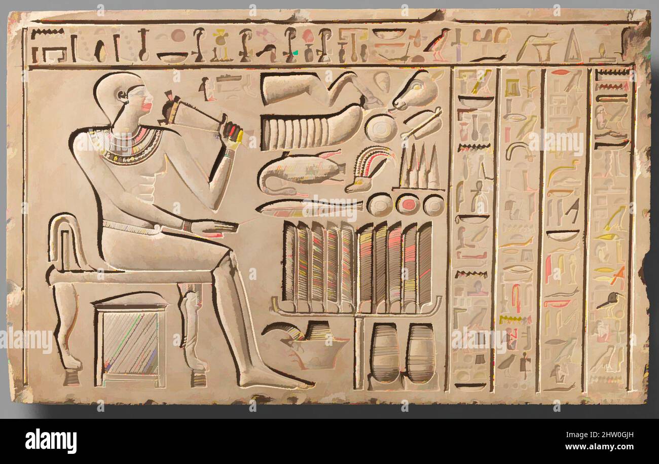 Arte ispirata a Stela del guardiano Maati, primo periodo intermedio, Dinastia 11, ca. 2051–2030 a.C., dall'Egitto, dall'Egitto superiore, da Tebe; probabilmente da Tarif, Calcare, L: 59 cm (23 1/4 poll.), H: 36,3 cm (14 5/16 poll.), D: 8 cm (3 1/8 poll.), Maati è mostrato seduto di fronte al, opere classiche modernizzate da Artotop con un tuffo di modernità. Forme, colore e valore, impatto visivo accattivante sulle emozioni artistiche attraverso la libertà delle opere d'arte in modo contemporaneo. Un messaggio senza tempo che persegue una nuova direzione selvaggiamente creativa. Artisti che si rivolgono al supporto digitale e creano l'NFT Artotop Foto Stock