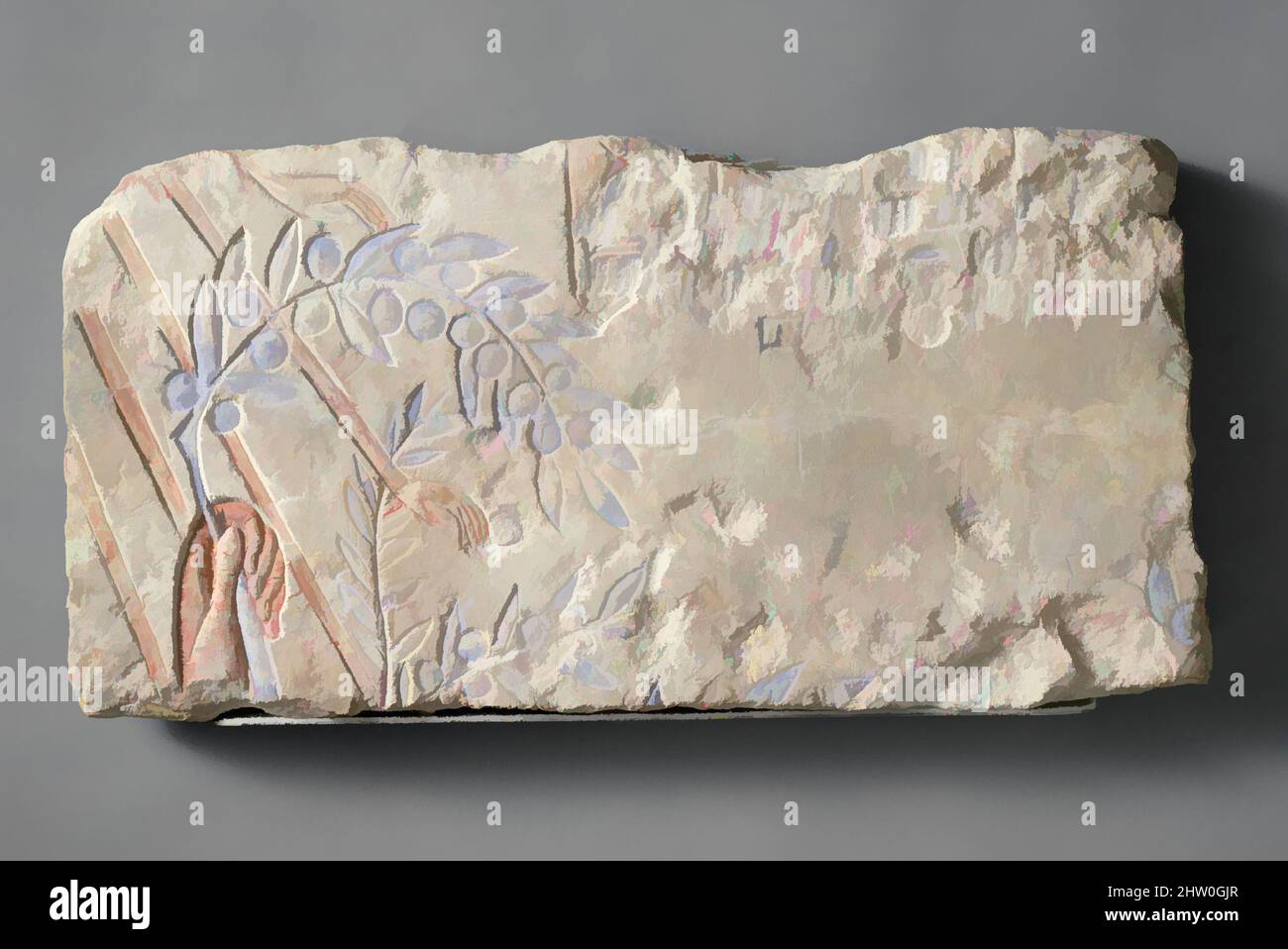 Arte ispirata a una mano che aggrappa un ramo di Olive, New Kingdom, Amarna period, Dynasty 18, ca. 1353–1323 a.C., dall'Egitto; probabilmente originario di Amarna (Akhetaten); probabilmente dal Medio Egitto, Hermopolis (Ashmunein; Khemenu), calcare, vernice, H. 8 11/16 poll. (22 cm), in questo frammento, opere classiche modernizzate da Artotop con un tuffo di modernità. Forme, colore e valore, impatto visivo accattivante sulle emozioni artistiche attraverso la libertà delle opere d'arte in modo contemporaneo. Un messaggio senza tempo che persegue una nuova direzione selvaggiamente creativa. Artisti che si rivolgono al supporto digitale e creano l'NFT Artotop Foto Stock