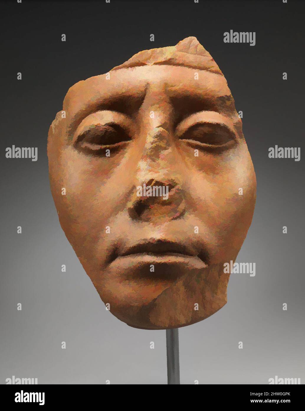 Arte ispirata dal volto di Senwosret III, Medio Regno, Dinastia 12, ca. 1878–1840 a.C., dall'Egitto, quarzite rossa, H. 16,5 cm (6 1/2 poll.); W. 12,6 cm (4 15/16 poll.); 11,4 cm (4 1/2"), il volto di Senwosret III è uno dei più individuali e riconoscibili in tutta l'arte egiziana, opere classiche modernizzate da Artotop con un tuffo di modernità. Forme, colore e valore, impatto visivo accattivante sulle emozioni artistiche attraverso la libertà delle opere d'arte in modo contemporaneo. Un messaggio senza tempo che persegue una nuova direzione selvaggiamente creativa. Artisti che si rivolgono al supporto digitale e creano l'NFT Artotop Foto Stock
