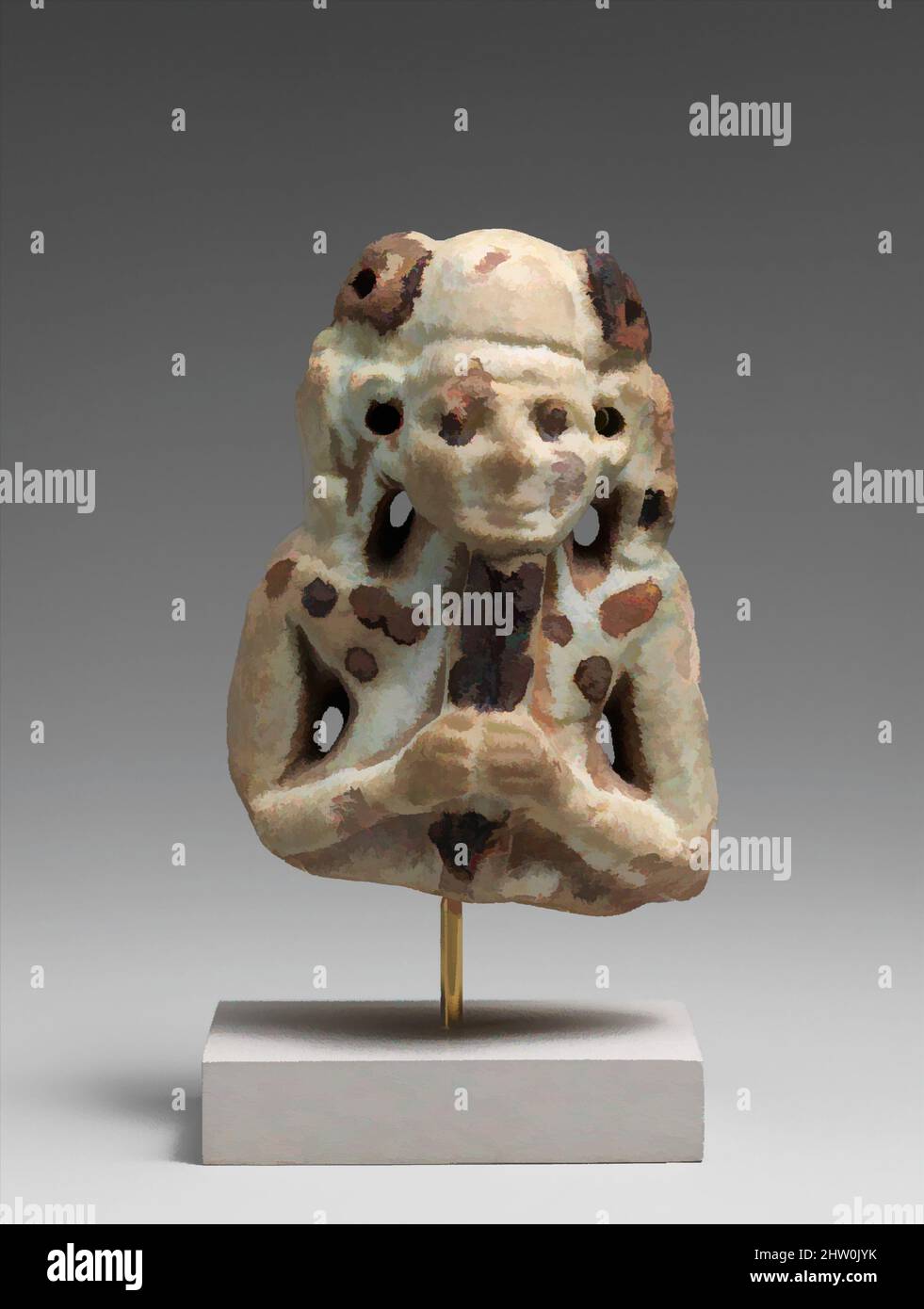 Arte ispirata al giocatore di doppio flauto, terzo periodo intermedio – periodo tardo, Dinastia 22–26, ca. 945–525 a.C., dall'Egitto, Faience, H. 6 x W. 4,5 x D. 2,9 cm (2 3/8 x 1 3/4 x 1 1/8 in.), questa figura fa parte di un repertorio di figure create in una caratteristica faienza macolata dalla dinastia, opere classiche modernizzate da Artotop con un tuffo di modernità. Forme, colore e valore, impatto visivo accattivante sulle emozioni artistiche attraverso la libertà delle opere d'arte in modo contemporaneo. Un messaggio senza tempo che persegue una nuova direzione selvaggiamente creativa. Artisti che si rivolgono al supporto digitale e creano l'NFT Artotop Foto Stock