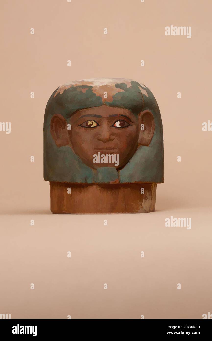 Arte ispirata ai coperchi canopici di Ukhhotep, Middle Kingdom, Dynasty 12, ca. 1981–1802 a.C., dall'Egitto, Medio Egitto, scavi di Khashaba, 1910-11; Probabilmente da Meir, Tomba di Ukhhotep, legno (Cedrus sp.), vernice, h. 11,5 cm (4 1/2 pollici), opere classiche modernizzate da Artotop con un tuffo di modernità. Forme, colore e valore, impatto visivo accattivante sulle emozioni artistiche attraverso la libertà delle opere d'arte in modo contemporaneo. Un messaggio senza tempo che persegue una nuova direzione selvaggiamente creativa. Artisti che si rivolgono al supporto digitale e creano l'NFT Artotop Foto Stock