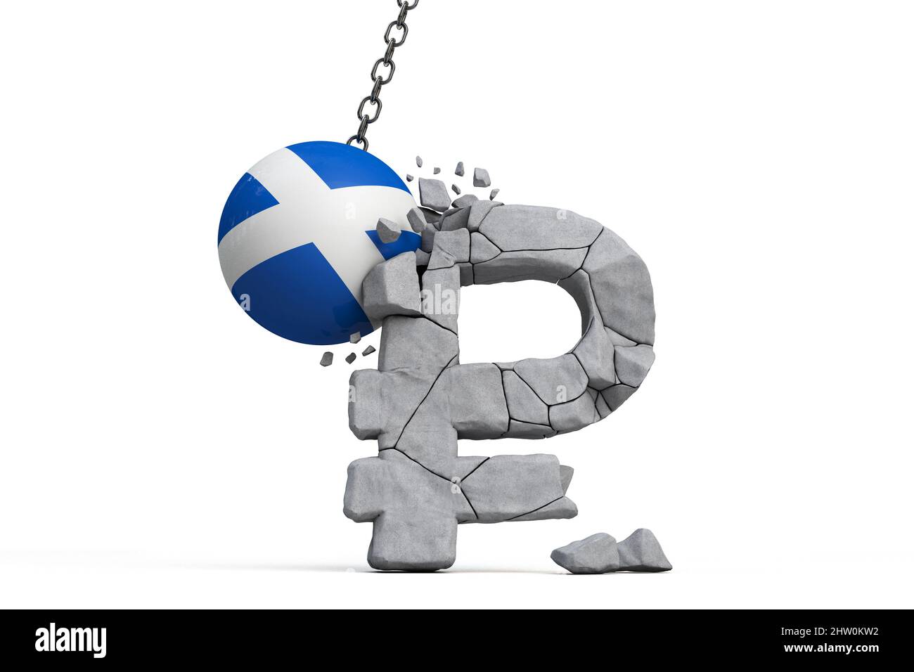 La bandiera della Scozia distruggendo un simbolo di valuta Ruble russa. Concetto di sanzioni economiche. 3D rendering Foto Stock