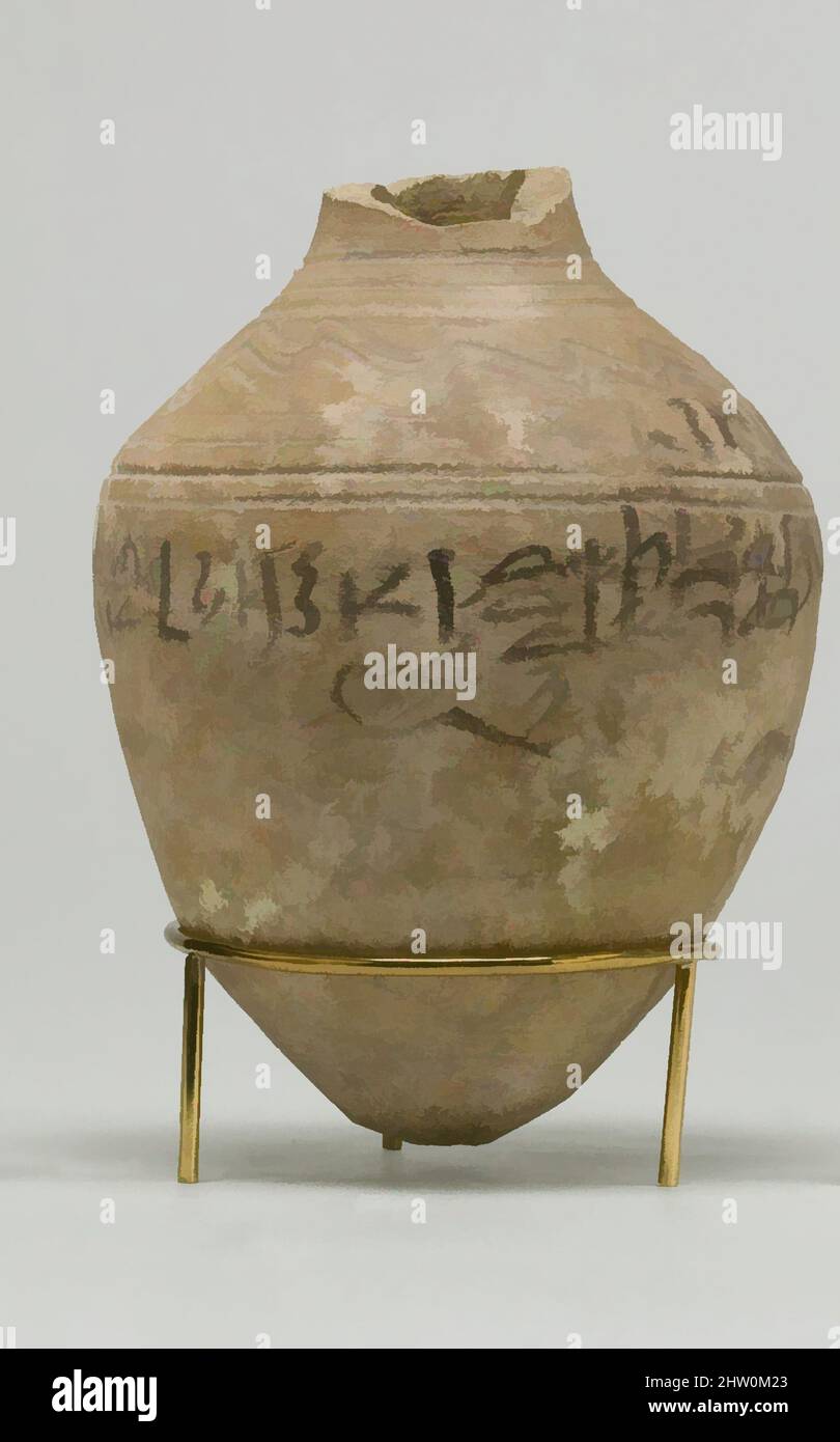 Arte ispirata da jar, New Kingdom, Dynasty 18, presto, ca. 1550–1458 a.C., dall'Egitto, dall'Egitto superiore, da Tebe, da Asasif, Courtyard CC 41, Tomb R 7, Radim, 1915–16, ceramiche (Buff), Vernice, H. 11,5 cm (4 1/2 poll.); diam. 8,5 cm (3 3/8 pollici), opere classiche modernizzate da Artotop con un tuffo di modernità. Forme, colore e valore, impatto visivo accattivante sulle emozioni artistiche attraverso la libertà delle opere d'arte in modo contemporaneo. Un messaggio senza tempo che persegue una nuova direzione selvaggiamente creativa. Artisti che si rivolgono al supporto digitale e creano l'NFT Artotop Foto Stock