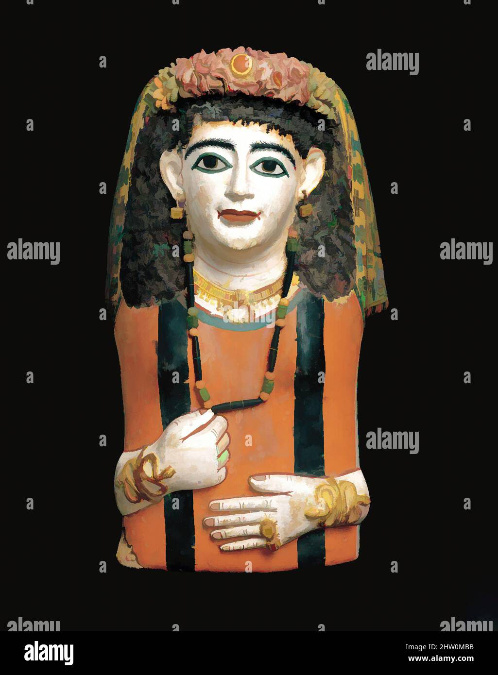 Arte ispirata da Mummy Mask, periodo romano, A.D. 60–70, dall'Egitto; possibilmente dal Medio Egitto, Meir, Cartonnage, gesso, vernice, fibre vegetali, l. 63 cm (24 13/16 poll.); w. 33 cm (13 poll.); h. 53 (20 7/8 poll.), le maschere in gesso sembrano essere state particolarmente popolari nel Medio Egitto. Si sviluppano, opere classiche modernizzate da Artotop con un tuffo di modernità. Forme, colore e valore, impatto visivo accattivante sulle emozioni artistiche attraverso la libertà delle opere d'arte in modo contemporaneo. Un messaggio senza tempo che persegue una nuova direzione selvaggiamente creativa. Artisti che si rivolgono al supporto digitale e creano l'NFT Artotop Foto Stock