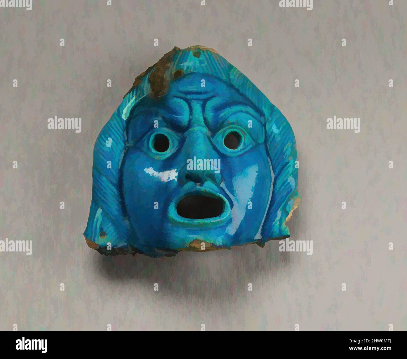 Arte ispirata dalla maschera teatrale per l'offerta, periodo romano, secolo d.C. 2nd, dall'Egitto; probabilmente da Fayum, Medinet el-Fayum (Krokodilopolis-Arsinoe), faience, 19 x 19 cm (7 1/2 x 7 1/2 poll.), questa maschera e la maschera 26,71 sono troppo piccole e fragili per essere servito come vero teatro, opere classiche modernizzate da Artotop con un tuffo di modernità. Forme, colore e valore, impatto visivo accattivante sulle emozioni artistiche attraverso la libertà delle opere d'arte in modo contemporaneo. Un messaggio senza tempo che persegue una nuova direzione selvaggiamente creativa. Artisti che si rivolgono al supporto digitale e creano l'NFT Artotop Foto Stock