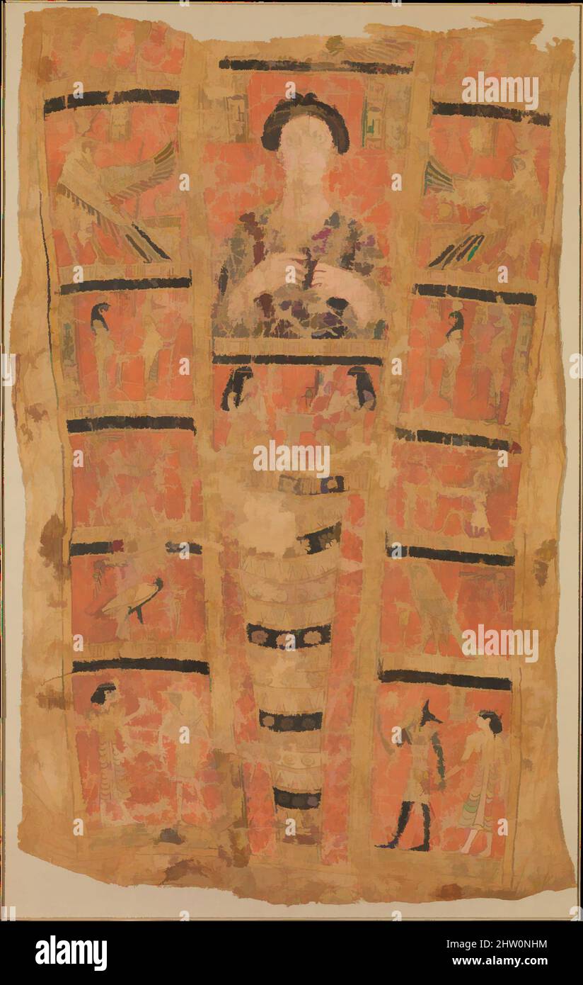 Arte ispirata alla Sindone, periodo romano, ca. A.D. 125, dall'Egitto, lino, vernice, L 160 x W. 101,4 cm (63 x 39 15/16 poll.), visto verticalmente questo riparo ha una struttura architettonica con un fregio di ureo-cobras e un disco solare alato attraverso la parte superiore, E registri delle scene giù entrambi, opere classiche modernizzate da Artotop con un tuffo di modernità. Forme, colore e valore, impatto visivo accattivante sulle emozioni artistiche attraverso la libertà delle opere d'arte in modo contemporaneo. Un messaggio senza tempo che persegue una nuova direzione selvaggiamente creativa. Artisti che si rivolgono al supporto digitale e creano l'NFT Artotop Foto Stock