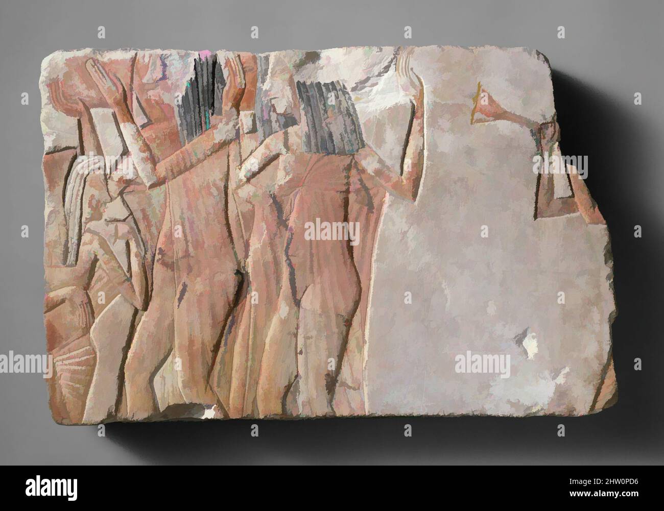 Arte ispirata da ballerini con strumenti, New Kingdom, Amarna period, Dynasty 18, ca. 1353–1336 a.C., dall'Egitto; probabilmente dal Medio Egitto, Hermopolis (Ashmunein; Khemenu); probabilmente originario di Amarna (Akhetaten), calcare, vernice, H. 24 cm (9 7/16 in); W. 37,2 cm (14 5/8 pollici), opere classiche modernizzate da Artotop con un tuffo di modernità. Forme, colore e valore, impatto visivo accattivante sulle emozioni artistiche attraverso la libertà delle opere d'arte in modo contemporaneo. Un messaggio senza tempo che persegue una nuova direzione selvaggiamente creativa. Artisti che si rivolgono al supporto digitale e creano l'NFT Artotop Foto Stock