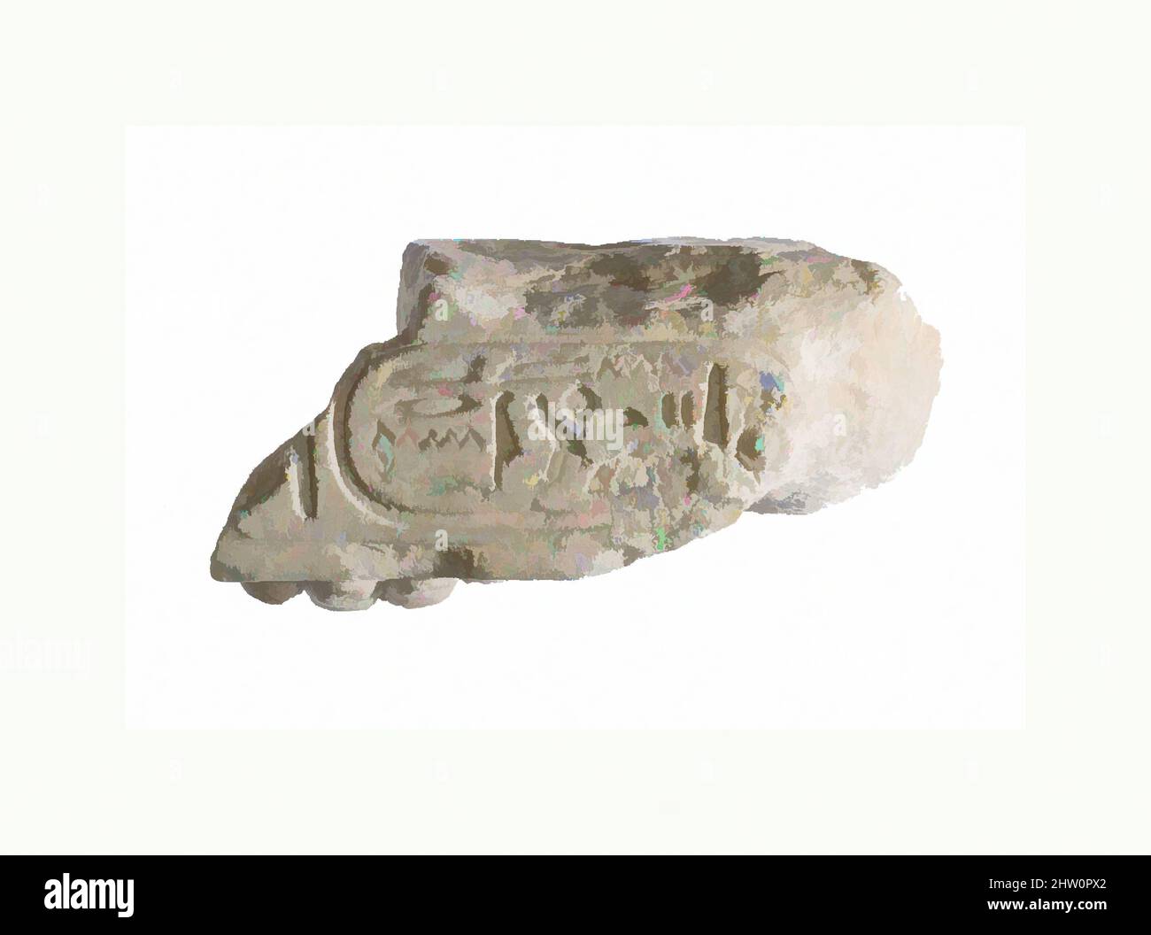 Arte ispirata dal tavolo d'offerta, Aten cartouche, New Kingdom, Amarna period, Dynasty 18, circa 1353–1336 a.C., dall'Egitto, Medio Egitto, Amarna (Akhetaten), Grande Tempio dell'Aten, pozzo fuori parete sud, scavi di Petrie/carter, 1891–92, calcare, vernice rossa, 5 x 10,5 x 3,2 cm, opere classiche modernizzate da Artotop con un tocco di modernità. Forme, colore e valore, impatto visivo accattivante sulle emozioni artistiche attraverso la libertà delle opere d'arte in modo contemporaneo. Un messaggio senza tempo che persegue una nuova direzione selvaggiamente creativa. Artisti che si rivolgono al supporto digitale e creano l'NFT Artotop Foto Stock