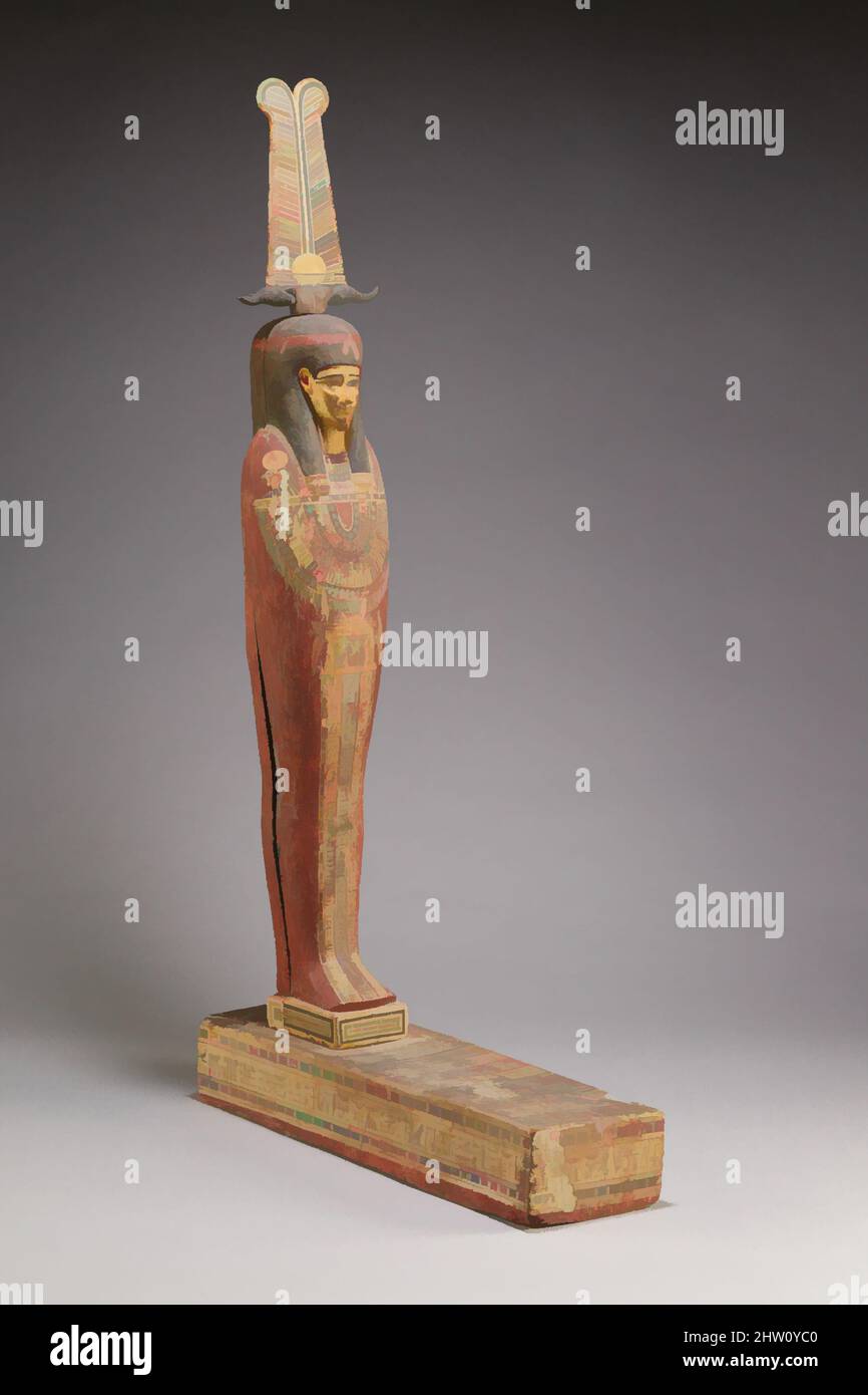 Arte ispirata a Ptah-Sokar-Osiris Figura, periodo tolemaico, 306–30 a.C., dall'Egitto, legno, Vernice, gesso, H. 81,5 cm (32 1/16 poll.); base: L. 43 x W. 12 cm (16 15/16 x 4 3/4 poll.), figure cave in legno di Osiride sono state utilizzate per contenere testi funerari su rotoli di papiro nei periodi successivi, opere classiche modernizzate da Artotop con un tuffo di modernità. Forme, colore e valore, impatto visivo accattivante sulle emozioni artistiche attraverso la libertà delle opere d'arte in modo contemporaneo. Un messaggio senza tempo che persegue una nuova direzione selvaggiamente creativa. Artisti che si rivolgono al supporto digitale e creano l'NFT Artotop Foto Stock