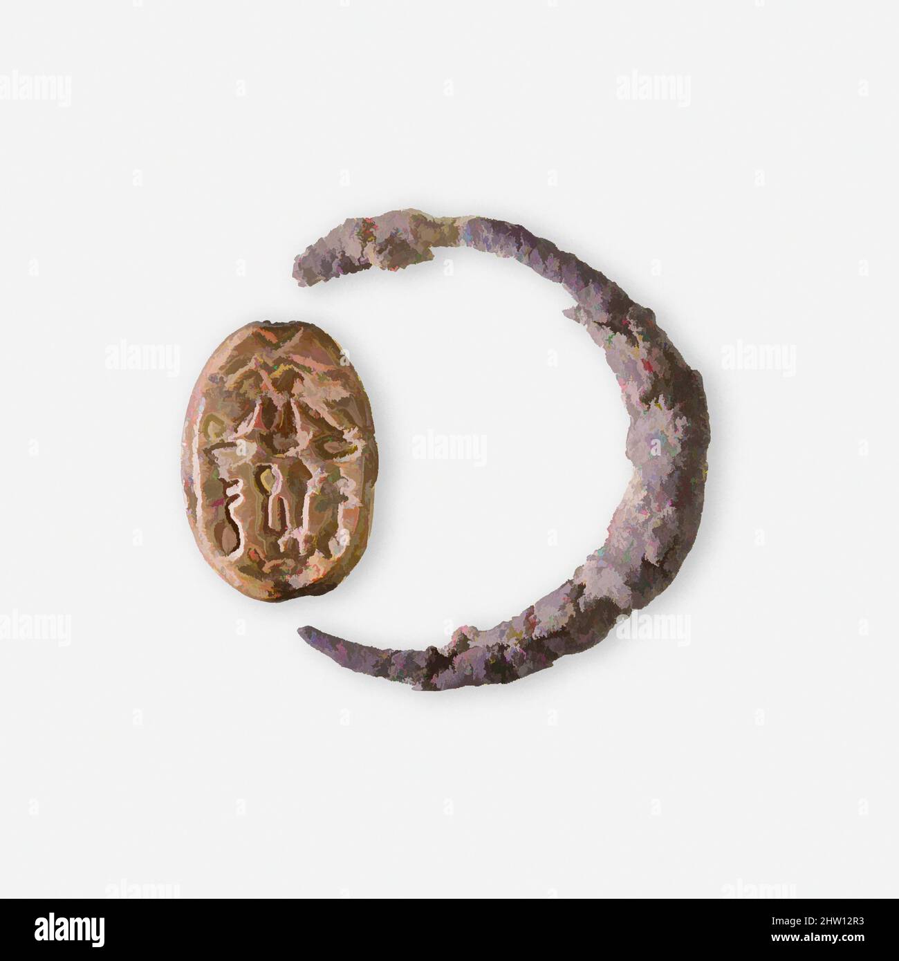 Arte ispirata da Scarab Ring of Ruiu, New Kingdom, Dinastia 18, inizio, ca. 1504–1447 a.C., dall'Egitto, dall'Egitto superiore, da Tebe, da Asasif, Tomba di Neferkhawet, camera est, sepoltura di Ruiu (IV), mummia, 3rd dito mano sinistra, 1935–36, Steatite (glassato), argento, L. 1,5 cm (9/16 poll.); W. 1 cm (3/8, opere classiche modernizzate da Artotop con un tuffo di modernità. Forme, colore e valore, impatto visivo accattivante sulle emozioni artistiche attraverso la libertà delle opere d'arte in modo contemporaneo. Un messaggio senza tempo che persegue una nuova direzione selvaggiamente creativa. Artisti che si rivolgono al supporto digitale e creano l'NFT Artotop Foto Stock