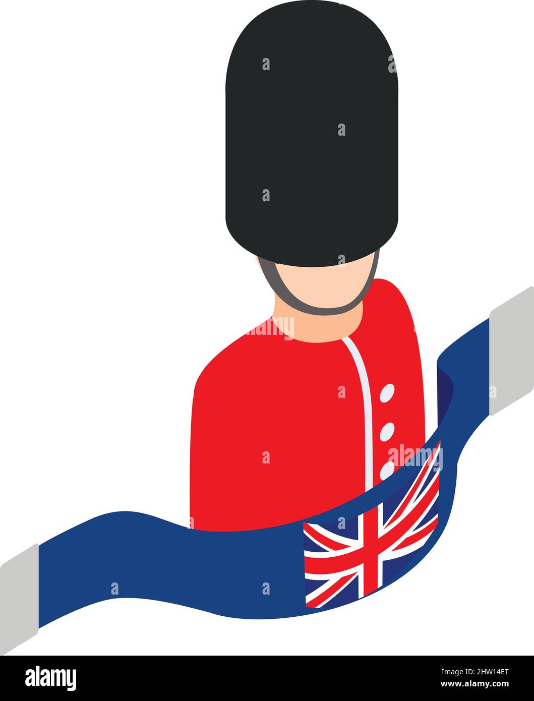 Icona guardia reale vettore isometrico. Soldato britannico in uniforme rossa e bandiera britannica. Guardia d'onore, tradizione, cultura, storia Illustrazione Vettoriale