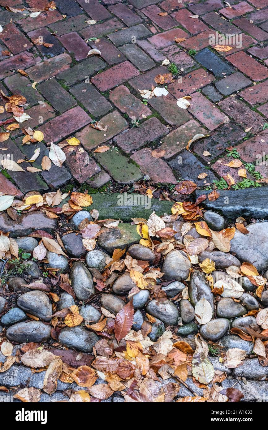 Cobblestone Road Surface Dating dal 1790s incontra Brick Sidewalk, Prince Street, Alexandria, Virginia, USA. Foto Stock