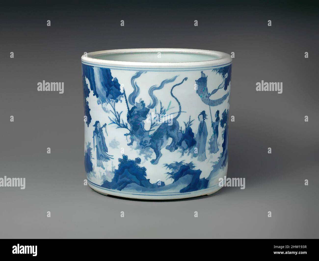 Arte ispirata a Brush Pot con scena narrativa, dinastia Qing (1644–1911), periodo Shunzhi (1644–1661), ca. 1640, Cina, porcellana dipinta con blu cobalto sotto uno smalto trasparente, H. 8 1/2" (21,6 cm); Diam. 9 1/2 poll. (24,1 cm), Ceramica, opere classiche modernizzate da Artotop con un tuffo di modernità. Forme, colore e valore, impatto visivo accattivante sulle emozioni artistiche attraverso la libertà delle opere d'arte in modo contemporaneo. Un messaggio senza tempo che persegue una nuova direzione selvaggiamente creativa. Artisti che si rivolgono al supporto digitale e creano l'NFT Artotop Foto Stock