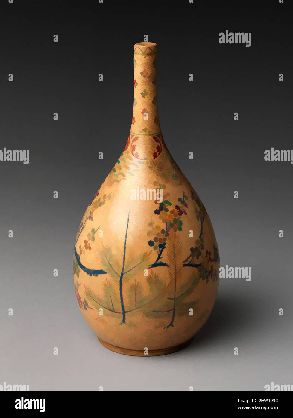Arte ispirata a bottiglia di sake con pino e prugna, periodo Edo (1615-1868), 18th secolo, Giappone, gres (Kyoto ware), Diam. 6 poll. (15,2 cm), Ceramica, opere classiche modernizzate da Artotop con un tuffo di modernità. Forme, colore e valore, impatto visivo accattivante sulle emozioni artistiche attraverso la libertà delle opere d'arte in modo contemporaneo. Un messaggio senza tempo che persegue una nuova direzione selvaggiamente creativa. Artisti che si rivolgono al supporto digitale e creano l'NFT Artotop Foto Stock