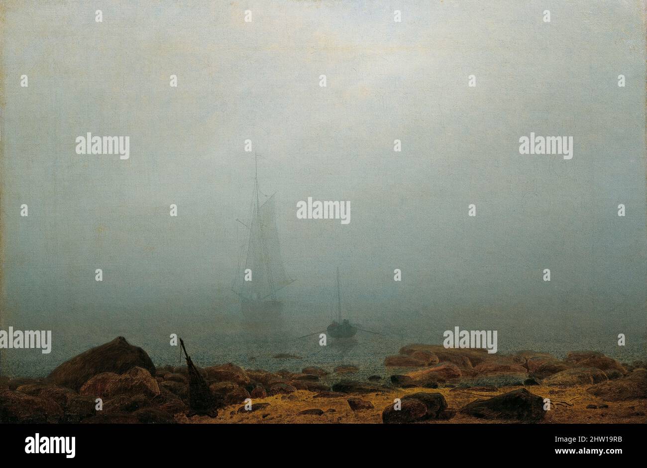Caspar David Friedrich, Meeresstrand im Nebel, pittura paesaggistica in olio su tela, 1807 Foto Stock