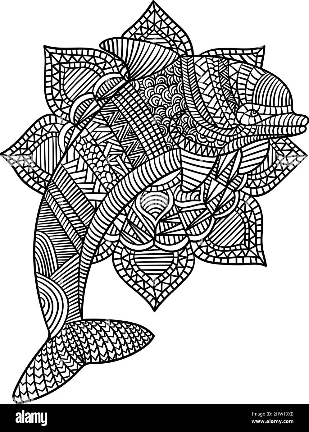 Dolphin Mandala coloring pagine per adulti Illustrazione Vettoriale