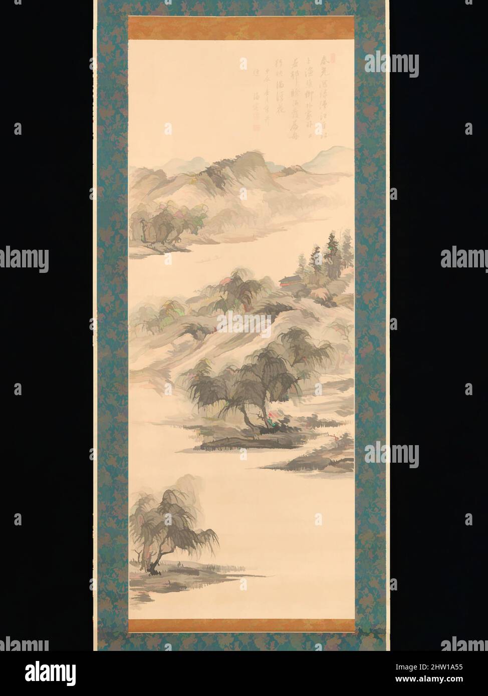 Arte ispirata da Spring Landscape, Edo Period (1615–1868), 1844, Giappone, Hanging scroll; Inchiostro e colore su carta, immagine: 53" x 20 5/8 poll. (134,6 x 52,4 cm), dipinti, Nukina Kaioku (giapponese, 1778–1863, opere classiche modernizzate da Artotop con un tuffo di modernità. Forme, colore e valore, impatto visivo accattivante sulle emozioni artistiche attraverso la libertà delle opere d'arte in modo contemporaneo. Un messaggio senza tempo che persegue una nuova direzione selvaggiamente creativa. Artisti che si rivolgono al supporto digitale e creano l'NFT Artotop Foto Stock