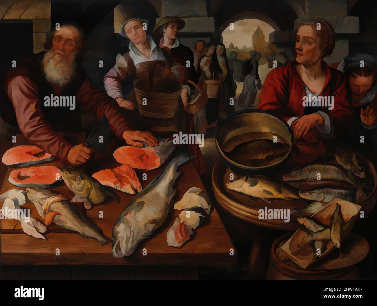 Arte ispirata al mercato del pesce, 1568, olio su quercia baltica, 50 3/8 x 68 1/2 poll. (128 x 174 cm), dipinti, Joachim Beuckelaer (Olanda, Anversa 1533–1575 Anversa), firmato e datato 1568, questa vista magistralmente composta di un mercato giornaliero del pesce rappresenta il nuovo genere di natura morta, opere classiche modernizzate da Artotop con un tuffo di modernità. Forme, colore e valore, impatto visivo accattivante sulle emozioni artistiche attraverso la libertà delle opere d'arte in modo contemporaneo. Un messaggio senza tempo che persegue una nuova direzione selvaggiamente creativa. Artisti che si rivolgono al supporto digitale e creano l'NFT Artotop Foto Stock