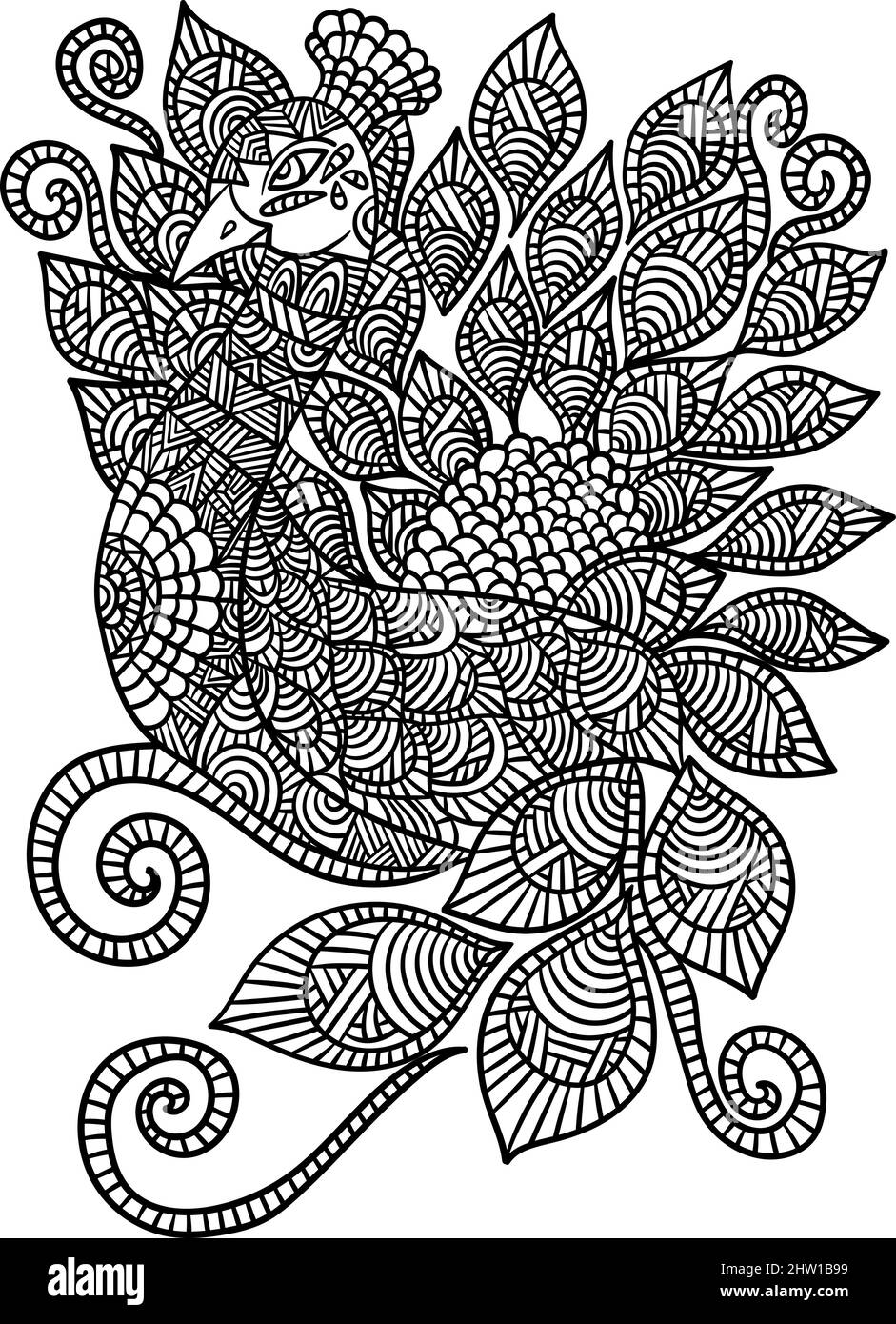 Peacock Mandala colorazione pagine per adulti Illustrazione Vettoriale