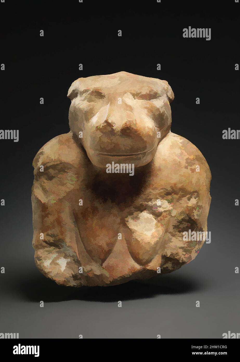 Arte ispirata dalla parte superiore di una dea Hippo, Vecchio Regno, Dinastia 3-4, 2649–2528 AC, Paese di origine Egitto; dall'Egitto, calcare indurato, intonaco, vernice, H. 16,5 cm (6 1/2 poll.); W. 12,9 cm (5 1/16 poll.); D. 11,5 cm (4 1/2 poll.), questa potente scultura è una delle prime opere classiche conosciute, modernizzate da Artotop con un tuffo di modernità. Forme, colore e valore, impatto visivo accattivante sulle emozioni artistiche attraverso la libertà delle opere d'arte in modo contemporaneo. Un messaggio senza tempo che persegue una nuova direzione selvaggiamente creativa. Artisti che si rivolgono al supporto digitale e creano l'NFT Artotop Foto Stock