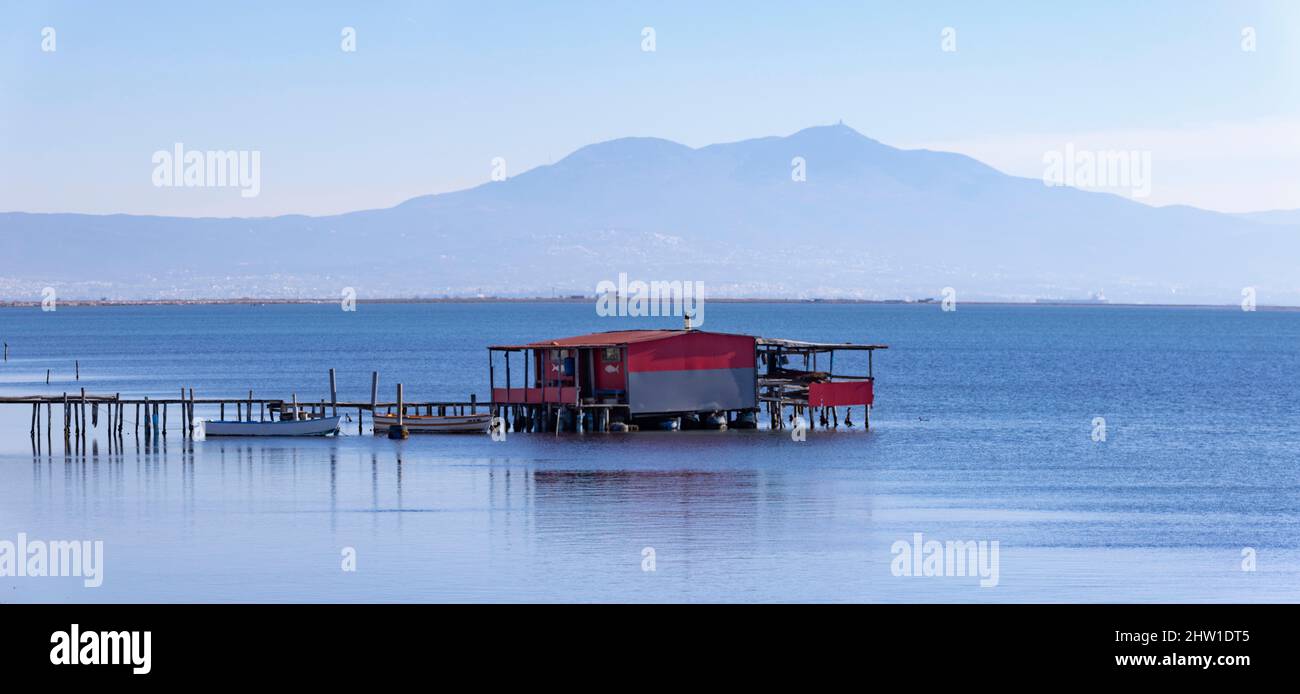 Grecia, Macedonia, Salonicco, Parco Nazionale del Delta dell'Axios, Parco Nazionale della Grecia, fondato nel 2008, è una delle più grandi zone umide protette d'Europa. Ospita numerose specie di uccelli, capanne di pescatori Foto Stock