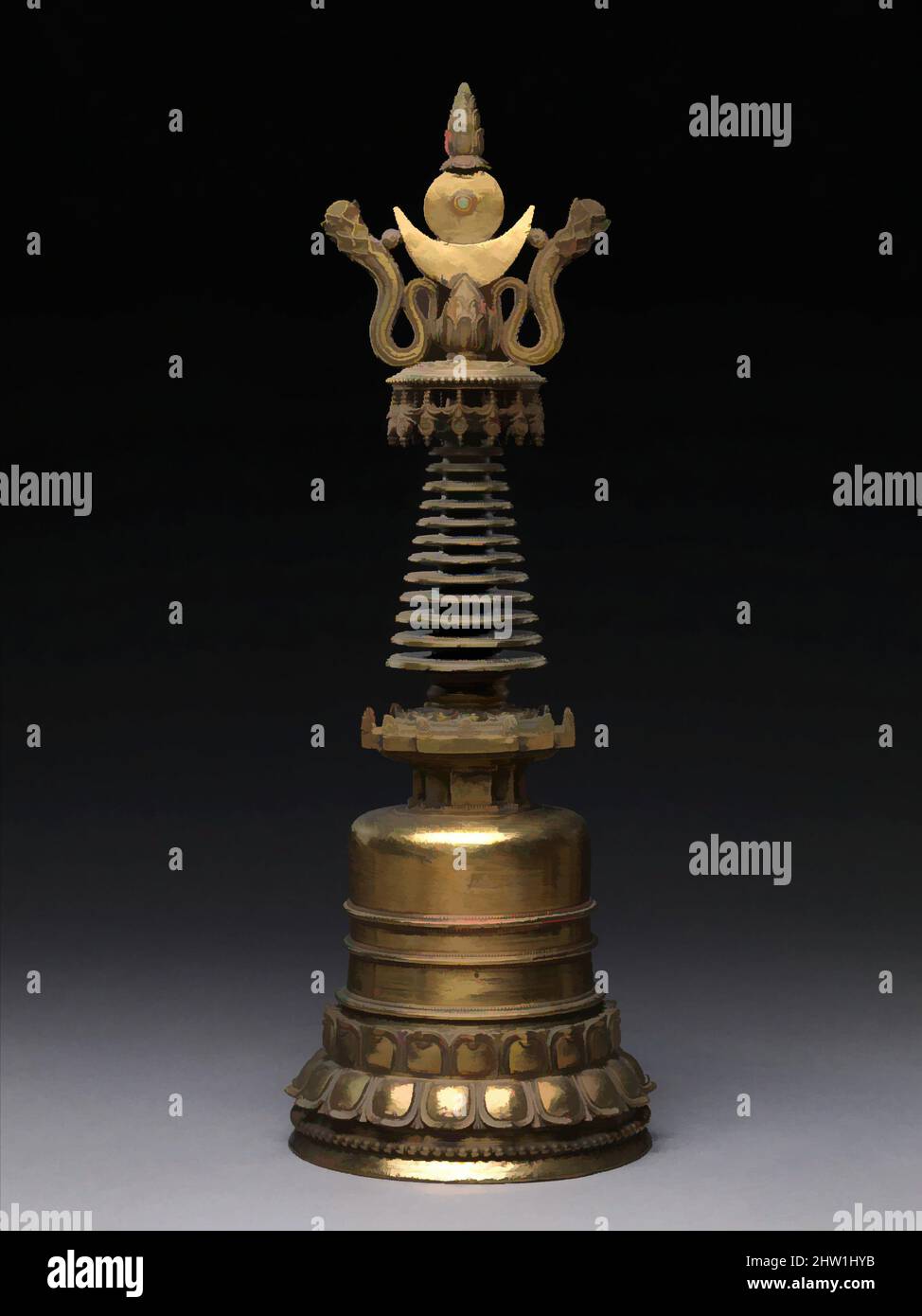 Arte ispirata da Stupa, metà del 15th secolo, Tibet, Ottone, H. 20 in. (50,8 cm); W. 7 1/4" (18,4 cm); Diam. 6 7/8 poll. (17,5 cm), scultura, lo stupa (tibetano: chorten) è la forma più antica dell'arte buddista, che simboleggia i monumentali tumuli funerari dell'antica India che erano, opere classiche modernizzate da Artotop con un tuffo di modernità. Forme, colore e valore, impatto visivo accattivante sulle emozioni artistiche attraverso la libertà delle opere d'arte in modo contemporaneo. Un messaggio senza tempo che persegue una nuova direzione selvaggiamente creativa. Artisti che si rivolgono al supporto digitale e creano l'NFT Artotop Foto Stock