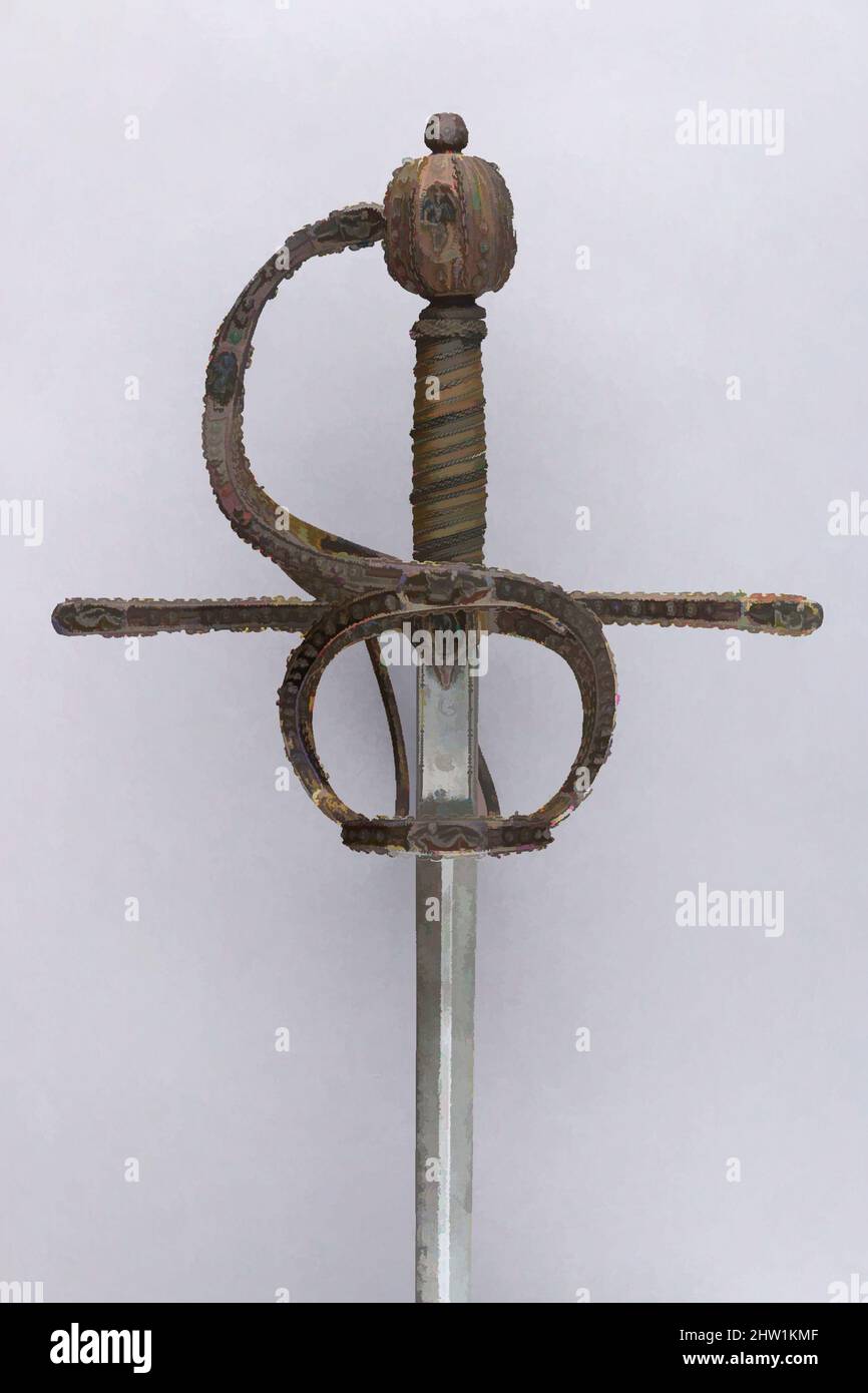 Arte ispirata da Rapier, ca. 1600–10, probabilmente italiano, acciaio, ferro, argento, oro, lega di rame, legno, L. 49 poll. (124,5 cm); L. della lama da 40 1/2" (102,2 cm); W. 9 1/4" (23,5 cm); D. 5 1/4" (13,3 cm); peso 2 libbre 12 once (1247 g), Spade, dai primi del sedicesimo secolo il rapier, opere classiche modernizzate da Artotop con un tuffo di modernità. Forme, colore e valore, impatto visivo accattivante sulle emozioni artistiche attraverso la libertà delle opere d'arte in modo contemporaneo. Un messaggio senza tempo che persegue una nuova direzione selvaggiamente creativa. Artisti che si rivolgono al supporto digitale e creano l'NFT Artotop Foto Stock