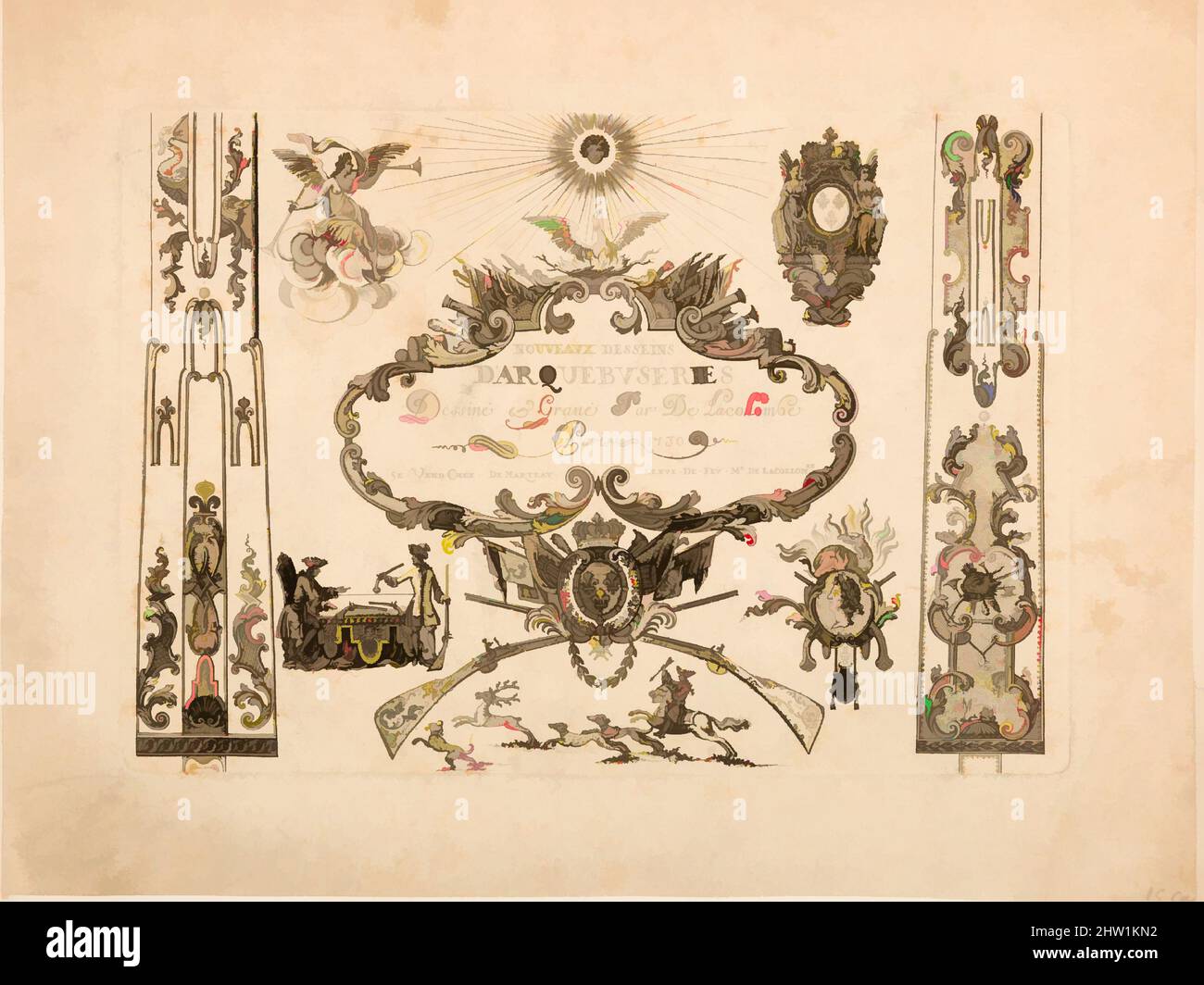 Arte ispirata a Nouveavx Desseins D'Arquebvseries, ca. 1705–49, Parigi, francese, Parigi, incisioni, piastra 1: foglio: 11 1/2 x 9 poll. (29,2 x 22,9 cm); piastra: 9 3/8 x 6 5/8 poll. (23,8 x 16,8 cm); piastra 2: foglio: 11 7/8 x 9" (30,2 x 22,9 cm); piatto: 9 3/8 x 6 5/8 (23,8 x 16,8 cm); piatto 3, opere classiche modernizzate da Artotop con un tuffo di modernità. Forme, colore e valore, impatto visivo accattivante sulle emozioni artistiche attraverso la libertà delle opere d'arte in modo contemporaneo. Un messaggio senza tempo che persegue una nuova direzione selvaggiamente creativa. Artisti che si rivolgono al supporto digitale e creano l'NFT Artotop Foto Stock