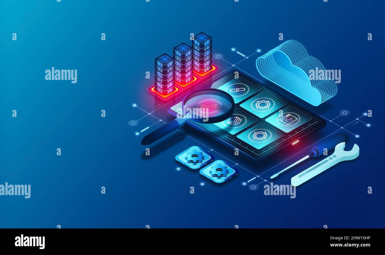 Concetto di servizi di test delle applicazioni - Strumenti e metodi per testare le applicazioni prima della distribuzione - applicazioni di scansione con lente di ingrandimento virtuale per la qualità C. Foto Stock