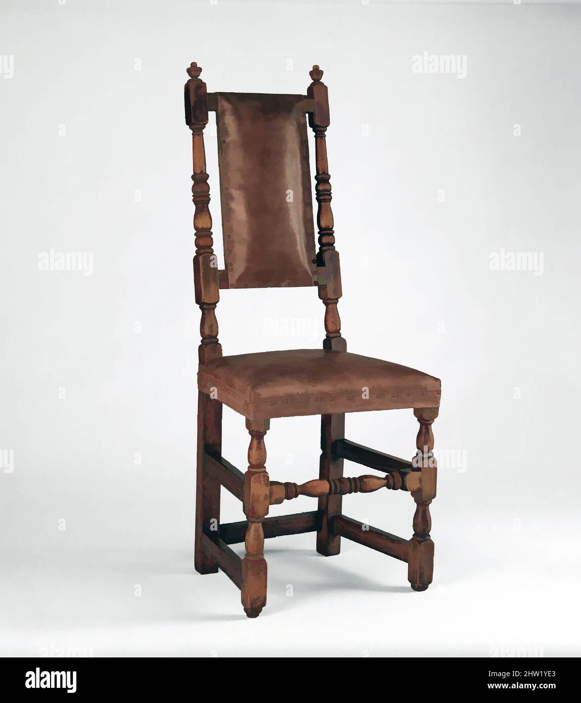 Art Inspired by Leather Chair, 1695–1715, Made in Massachusetts, Stati Uniti, America, Acero, quercia, 45 7/8 x 18 x 14 3/4 pollici (116,5 x 45,7 x 37,5 cm), Furniture, questa sedia alta, piatta, rivestita in pelle segna la transizione stilistica tra il basso schienale del XVII secolo, opere classiche modernizzate da Artotop con un tuffo di modernità. Forme, colore e valore, impatto visivo accattivante sulle emozioni artistiche attraverso la libertà delle opere d'arte in modo contemporaneo. Un messaggio senza tempo che persegue una nuova direzione selvaggiamente creativa. Artisti che si rivolgono al supporto digitale e creano l'NFT Artotop Foto Stock