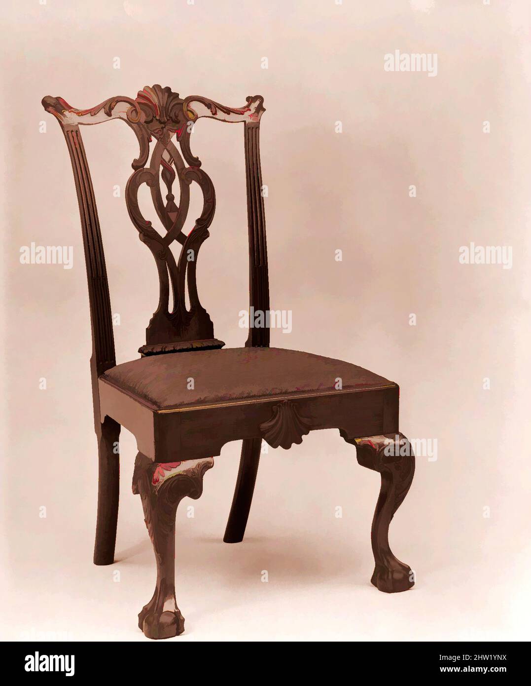 Art Inspired by SIDE Chair, 1760–90, made in Philadelphia, Pennsylvania, Stati Uniti, Americano, mogano, pino bianco, 40 1/2 x 21 3/4 x 21 1/4 pollici (102,9 x 55,2 x 54 cm), Furniture, questa sedia rappresenta il tipo di Splat Filadelfia scrolled-stropwork al suo meglio raffinato. Le opere scolpite, Classic modernizzate da Artotop con un tuffo di modernità. Forme, colore e valore, impatto visivo accattivante sulle emozioni artistiche attraverso la libertà delle opere d'arte in modo contemporaneo. Un messaggio senza tempo che persegue una nuova direzione selvaggiamente creativa. Artisti che si rivolgono al supporto digitale e creano l'NFT Artotop Foto Stock
