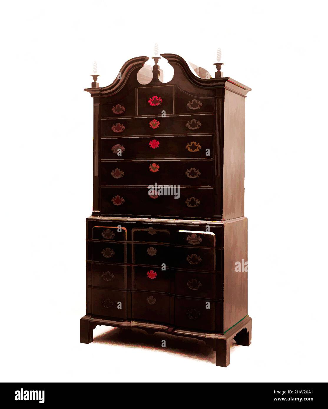 Arte ispirata da Chest-on-Chest, 1750–80, made in Massachusetts, Stati Uniti, americano, Mogano, pino bianco, 85 3/4 x 39 3/4 x 21 1/2 pollici (217,8 x 101 x 54,6 cm), Mobili, opere classiche modernizzate da Artotop con un tocco di modernità. Forme, colore e valore, impatto visivo accattivante sulle emozioni artistiche attraverso la libertà delle opere d'arte in modo contemporaneo. Un messaggio senza tempo che persegue una nuova direzione selvaggiamente creativa. Artisti che si rivolgono al supporto digitale e creano l'NFT Artotop Foto Stock