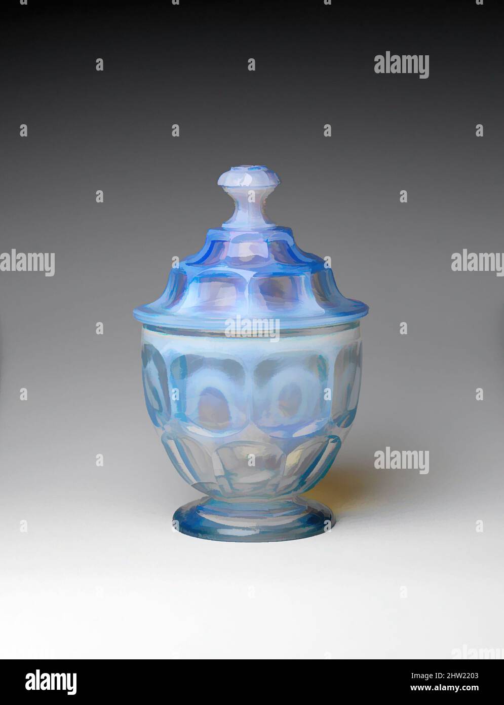 Art Inspired by Sugar Bowl, 1840–60, possibilmente made in Pittsburgh, Pennsylvania, Stati Uniti, americano, vetro pressato, H. 7 1/2 poll. (19,1 cm); Diam. 4 1/2 poll. (11,4 cm), vetro, questo pezzo è pressato in “Ashburton”, il primo dei grandi modelli geometrici. Prodotto in numerose opere classiche modernizzate da Artotop con un tocco di modernità. Forme, colore e valore, impatto visivo accattivante sulle emozioni artistiche attraverso la libertà delle opere d'arte in modo contemporaneo. Un messaggio senza tempo che persegue una nuova direzione selvaggiamente creativa. Artisti che si rivolgono al supporto digitale e creano l'NFT Artotop Foto Stock