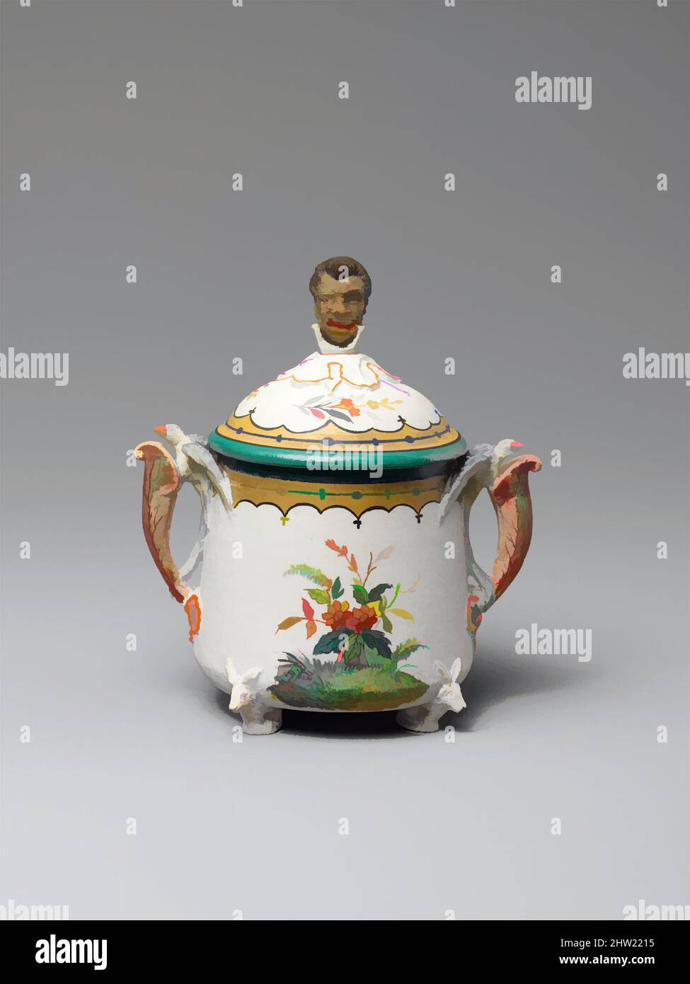 Arte ispirata a Sugar Bowl, ca. 1876, Made in Brooklyn, New York, Stati Uniti, America, Porcellana, 4 3/4 x 4 1/2 poll. (12,1 x 11,4 cm), Ceramics, le finiali figurali, un uomo cinese sulla teiera e una raccoglitrice africana sulla ciotola di zucchero, alludono al presunto contenuto delle opere classiche modernizzate da Artotop con un tuffo di modernità. Forme, colore e valore, impatto visivo accattivante sulle emozioni artistiche attraverso la libertà delle opere d'arte in modo contemporaneo. Un messaggio senza tempo che persegue una nuova direzione selvaggiamente creativa. Artisti che si rivolgono al supporto digitale e creano l'NFT Artotop Foto Stock