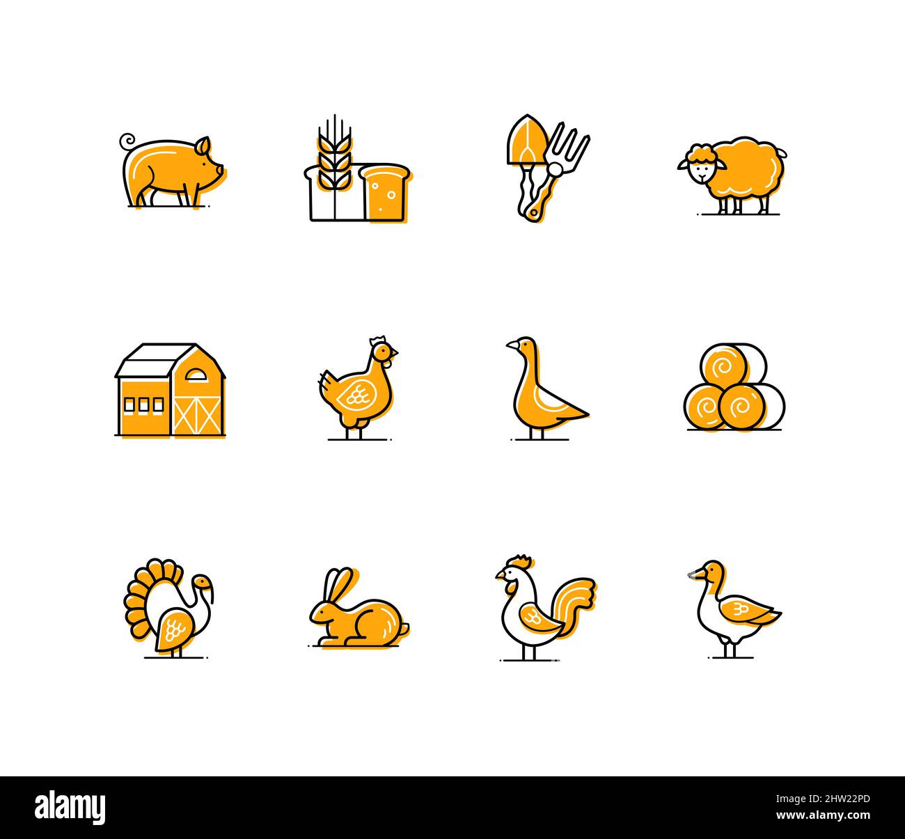 Farm Cattle - icone moderne di stile linea di design impostate con tratto modificabile. Vita di paese, bestiame e allevamento di uccelli. Maiale, pane proprio, pecora, fienile, pollo Illustrazione Vettoriale