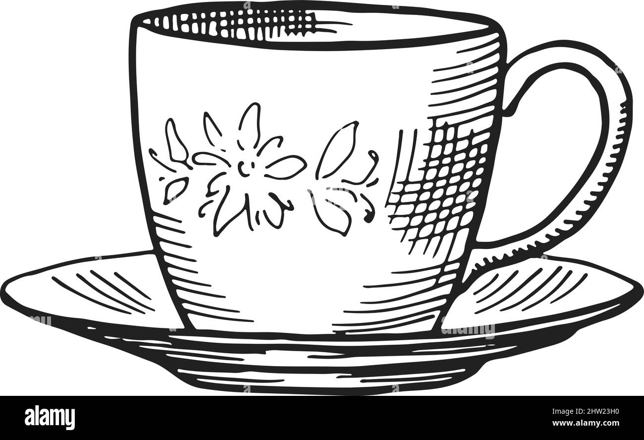 Incisione Teacup. Tazza da tè e piattino disegnati a mano Illustrazione Vettoriale