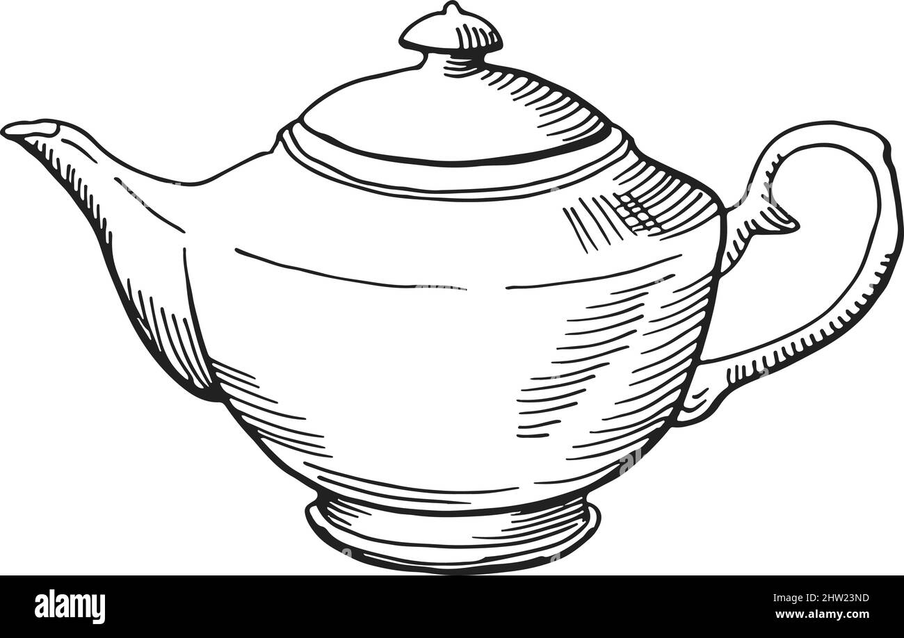 Schizzo a teiera. Vaso da tè in ceramica classico disegnato a mano Illustrazione Vettoriale
