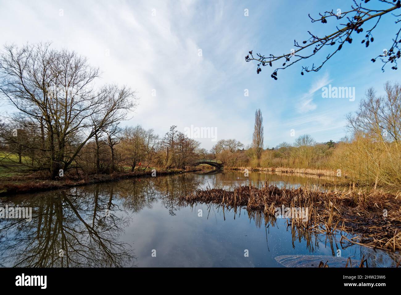 Un ponte su uno dei laghi di Cannon Hall a Barnsley, South Yorkshire Foto Stock