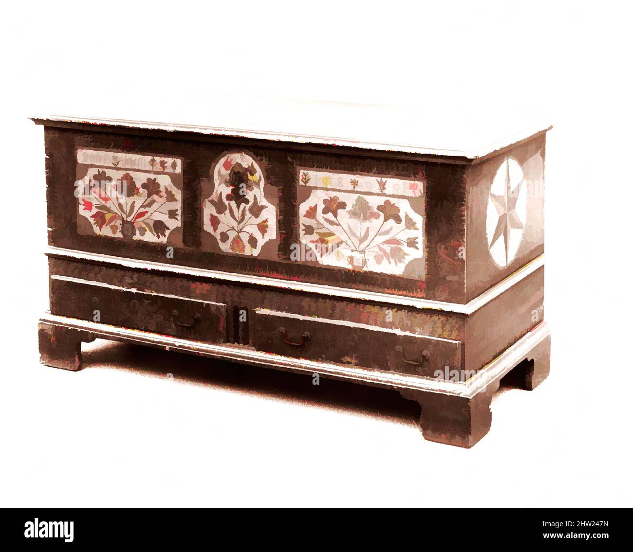 Arte ispirata da Dower Chest, 1800, made in Lehigh County, Pennsylvania, Stati Uniti, americano, giallo pioppo, 27 1/4 x 51 x 22 poll. (69,2 x 129,5 x 55,9 cm), Mobili, opere classiche modernizzate da Artotop con un tocco di modernità. Forme, colore e valore, impatto visivo accattivante sulle emozioni artistiche attraverso la libertà delle opere d'arte in modo contemporaneo. Un messaggio senza tempo che persegue una nuova direzione selvaggiamente creativa. Artisti che si rivolgono al supporto digitale e creano l'NFT Artotop Foto Stock