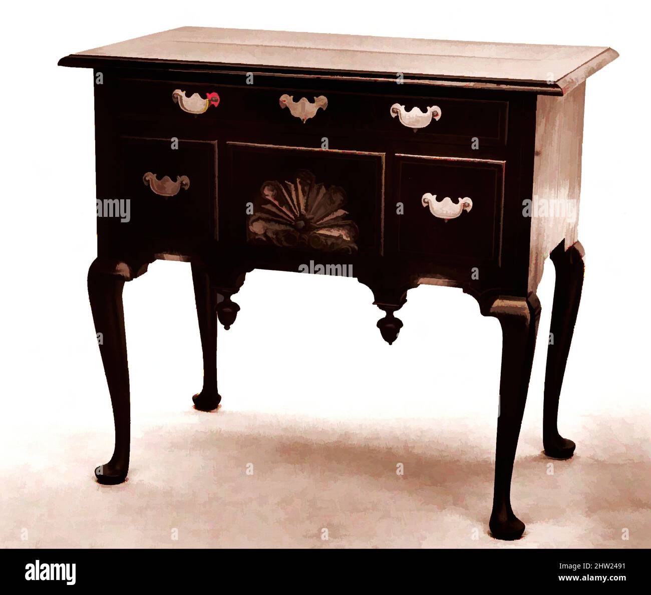 Art Inspired by Medicazione tavolo, 1730–60, made in Boston, Massachusetts, Stati Uniti, Impiallacciatura di noce, noce, noce, pino bianco, 29 3/4 x 33 3/4 x 20 5/8 pollici (75,6 x 85,7 x 52,4 cm), Furniture, nel 1730s, i cabinettisti di Boston trasformarono le tradizionali opere classiche, a gamba girata, modernizzate da Artotop con un tuffo di modernità. Forme, colore e valore, impatto visivo accattivante sulle emozioni artistiche attraverso la libertà delle opere d'arte in modo contemporaneo. Un messaggio senza tempo che persegue una nuova direzione selvaggiamente creativa. Artisti che si rivolgono al supporto digitale e creano l'NFT Artotop Foto Stock