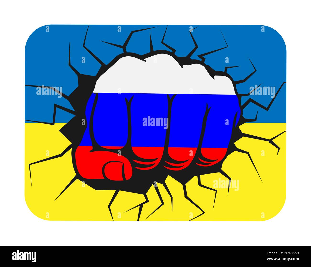 La bandiera Ucraina si sta sviluppando con un pugno nei colori della bandiera russa. Illustrazione Vettoriale