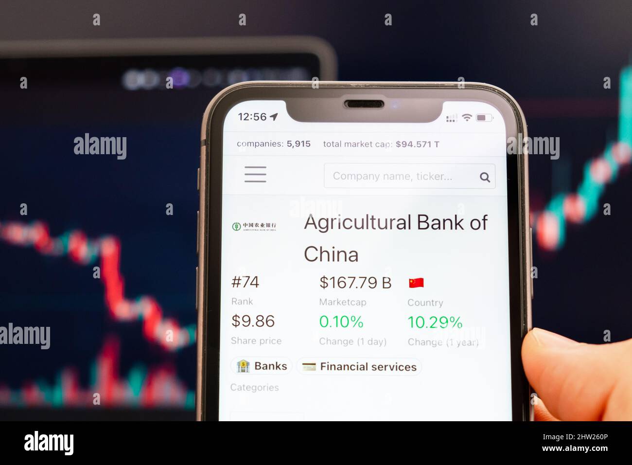 Agricultural Bank of China stock price on the screen of cell phone in mans hand with changing stock market Exchange with trading candlestick graph analysis, febbraio 2022, San Francisco, USA Foto Stock