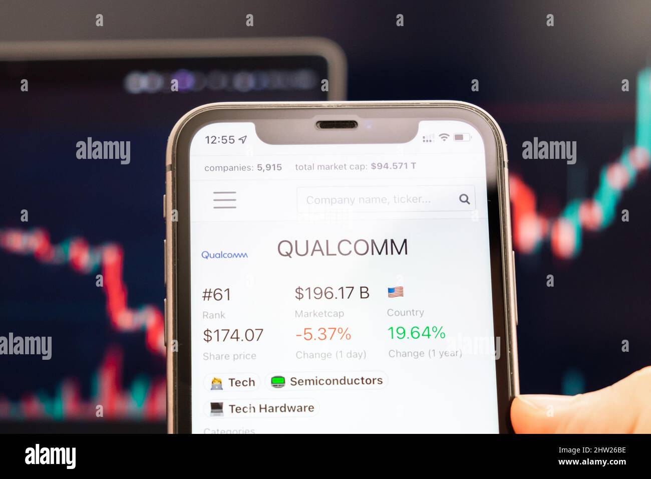 QUALCOMM stock price on the screen of mobile phone in mans hand with changing stock market graphs on the background, February 2022, San Francisco, USA. Foto Stock