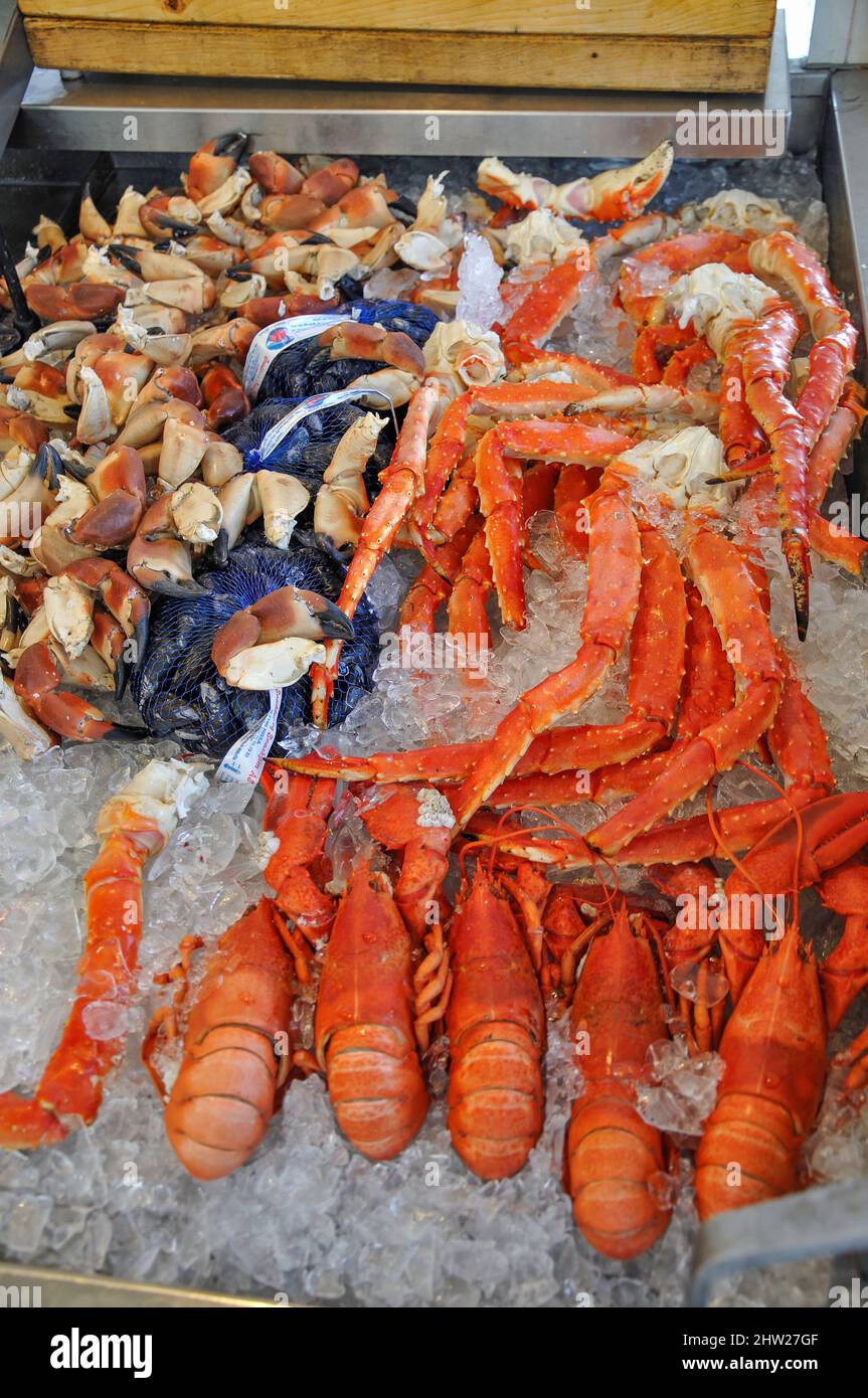 Display a base di pesce a Bergen Mercato del Pesce, Bergen Hordaland County, Regione Vestlandet, Norvegia Foto Stock