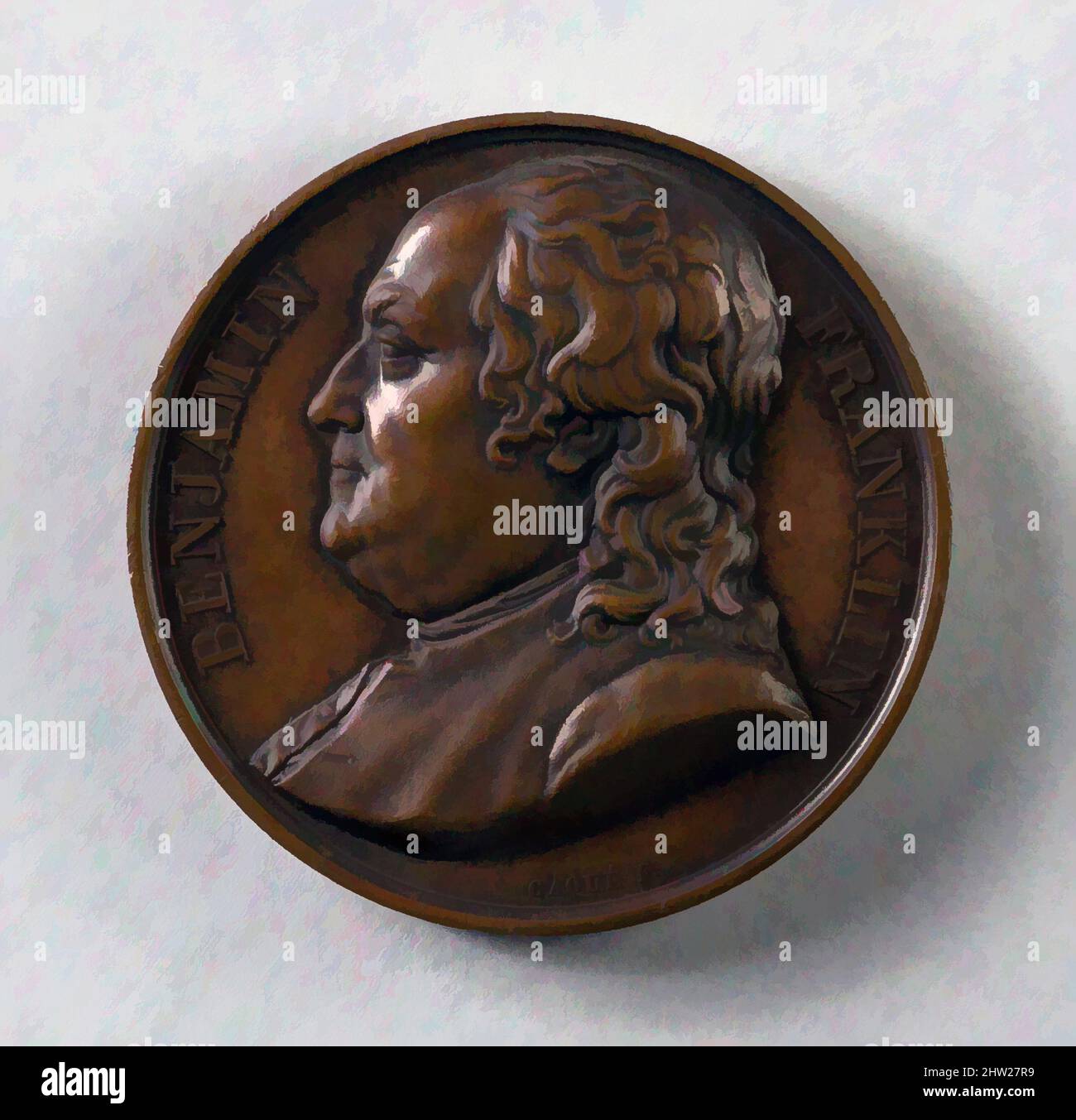 Arte ispirata a Benjamin Franklin, 1818, made in France, bronzo dorato, Diam. 1 5/8 poll. (4,1 cm), Metal, Armand-Auguste Caqué (francese, Saintes 1793–1881 Parigi, opere classiche modernizzate da Artotop con un tuffo di modernità. Forme, colore e valore, impatto visivo accattivante sulle emozioni artistiche attraverso la libertà delle opere d'arte in modo contemporaneo. Un messaggio senza tempo che persegue una nuova direzione selvaggiamente creativa. Artisti che si rivolgono al supporto digitale e creano l'NFT Artotop Foto Stock