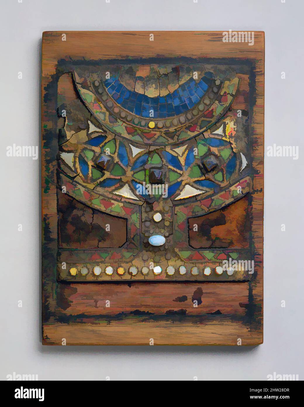 Art Inspired by Mosaic Plaque, 1890–1910, made in New York, New York, Stati Uniti, American, Glass, legno, pelle, pietre di moonstones, opale, 8 5/8 x 6 poll. (21,9 x 15,2 cm), Glass, Tiffany Studios (1902–32, opere classiche modernizzate da Artotop con un tuffo di modernità. Forme, colore e valore, impatto visivo accattivante sulle emozioni artistiche attraverso la libertà delle opere d'arte in modo contemporaneo. Un messaggio senza tempo che persegue una nuova direzione selvaggiamente creativa. Artisti che si rivolgono al supporto digitale e creano l'NFT Artotop Foto Stock