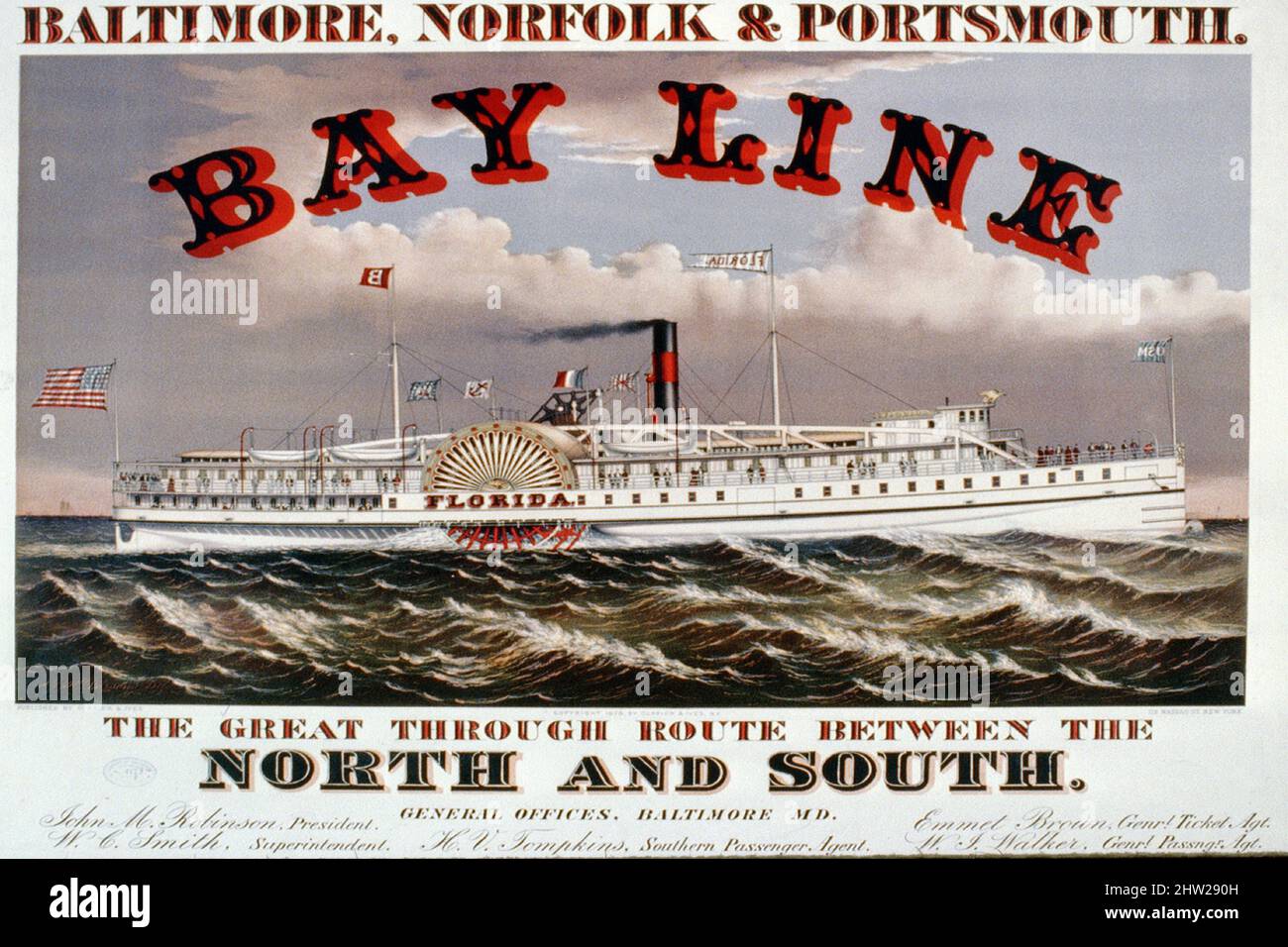 Vintage nave stampa poster pubblicitari per la Bay Line con la nave a vapore Florida Foto Stock